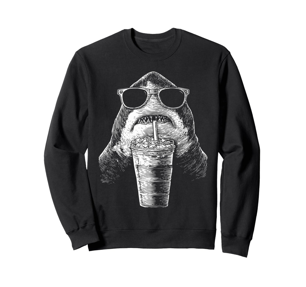 Shark Drinking Iced Coffee Funny Sweatshirt - Minimalist Print for Adults - T-Shirt, Sweatshirt, Hoodie