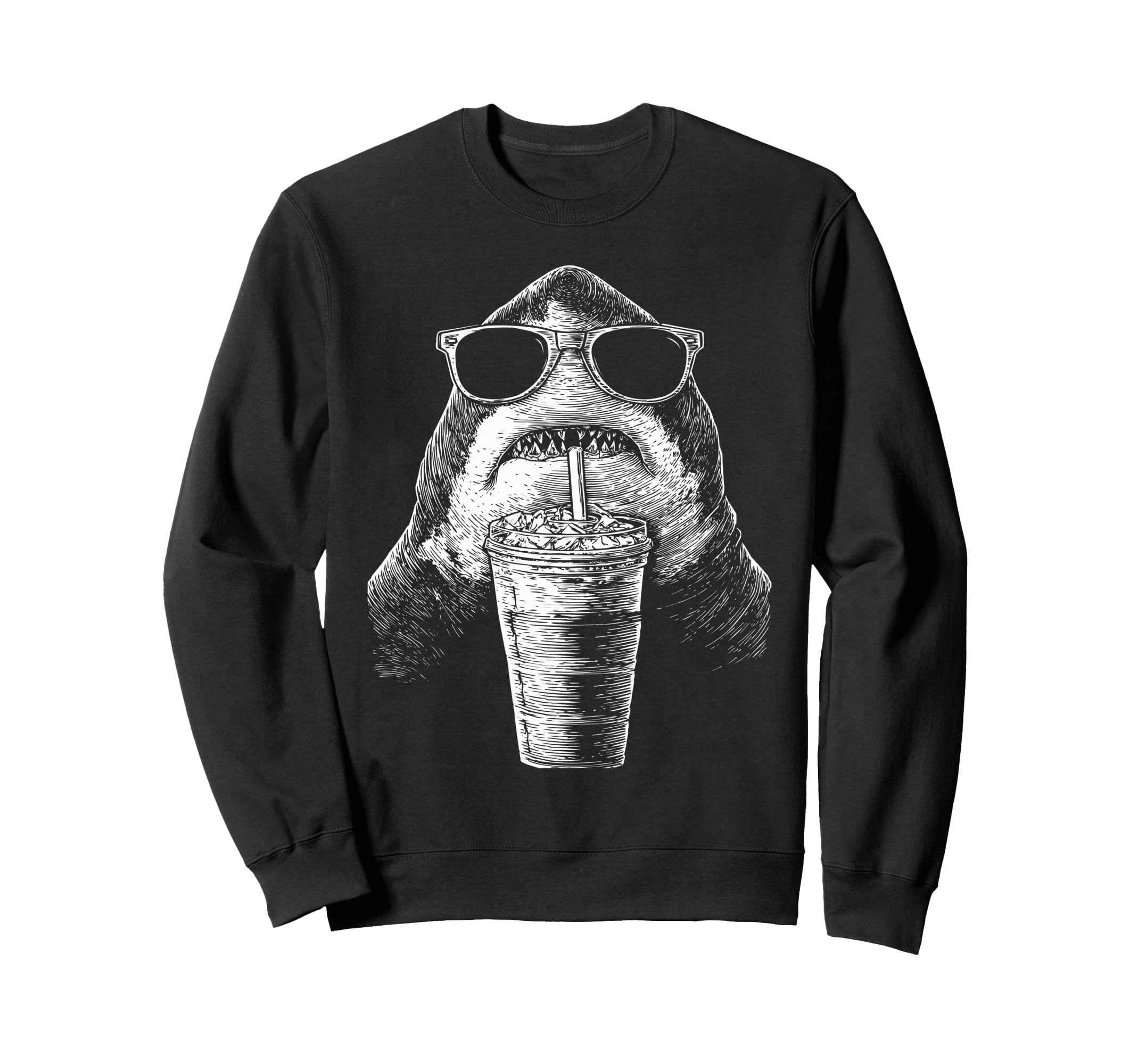 Shark Drinking Iced Coffee Funny Sweatshirt - Minimalist Print for Adults - T-Shirt, Sweatshirt, Hoodie