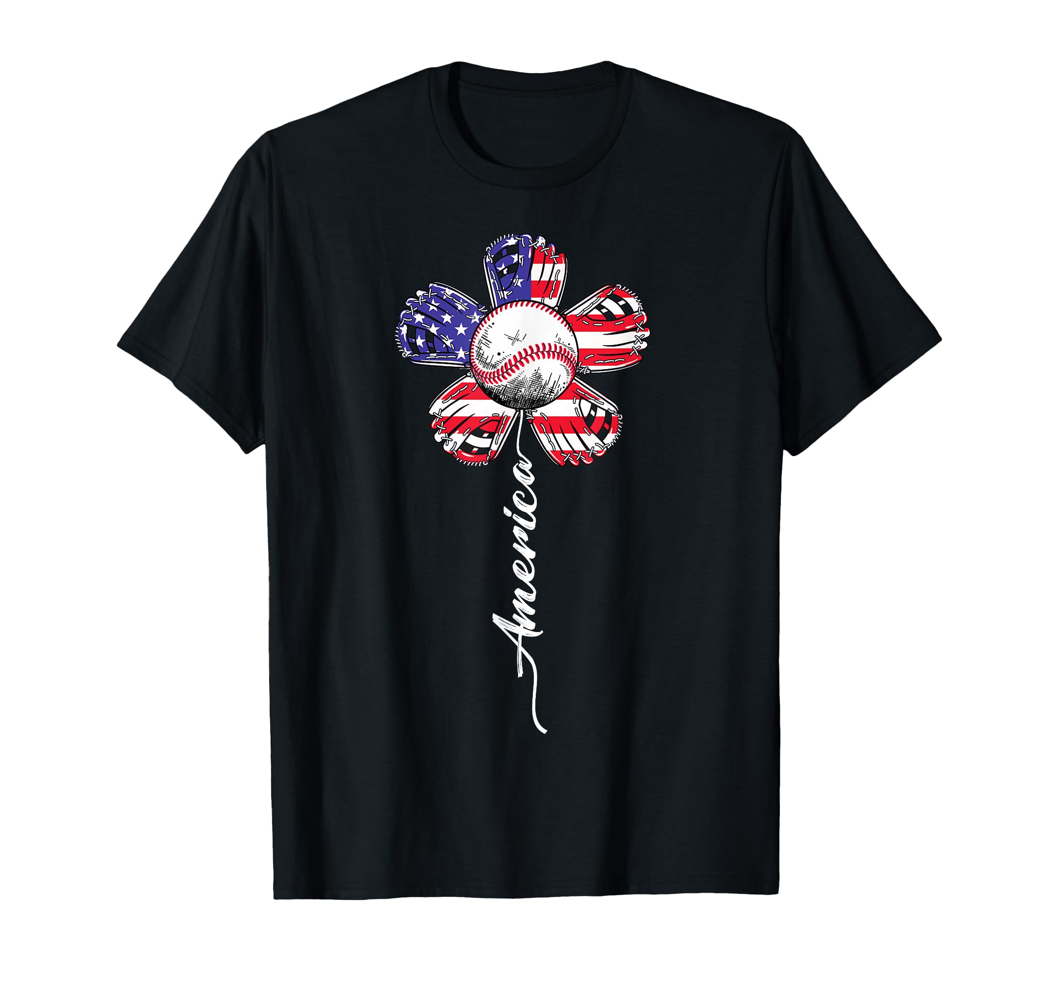 American Flag Baseball Flower Player T-Shirt - Trendy Graphic for Adults - T-Shirt, Sweatshirt, Hoodie