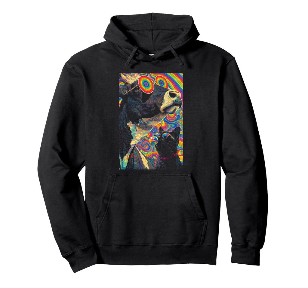 Psychedelic Cow Cat Rainbow Hoodie - Casual Everyday Wear Men Women - T-Shirt, Sweatshirt, Hoodie