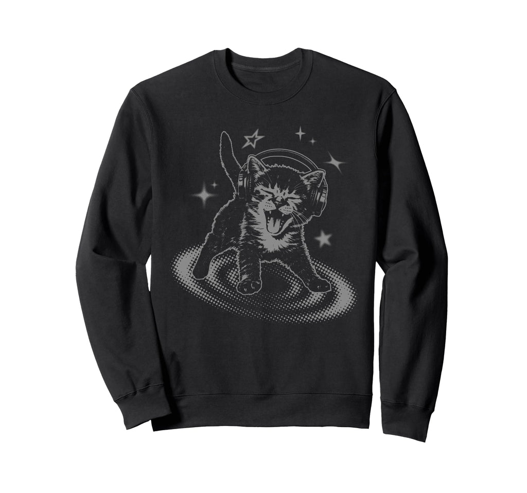Y2K Cat Headphones Stars Silly Sweatshirt - Fun Novelty Design for Adults - T-Shirt, Sweatshirt, Hoodie
