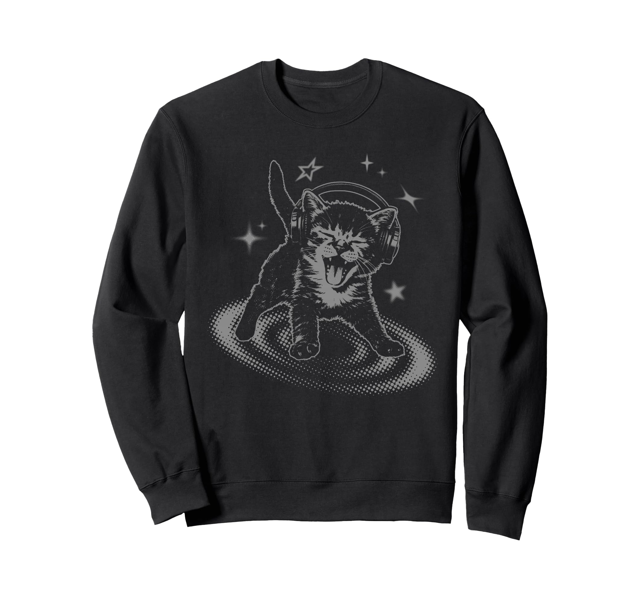 Y2K Cat Headphones Stars Silly Sweatshirt - Fun Novelty Design for Adults - T-Shirt, Sweatshirt, Hoodie