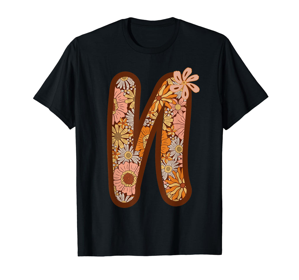 Boho Groovy Floral Letter N Initial T-Shirt - Graphic Print Men Women - T-Shirt, Sweatshirt, Hoodie