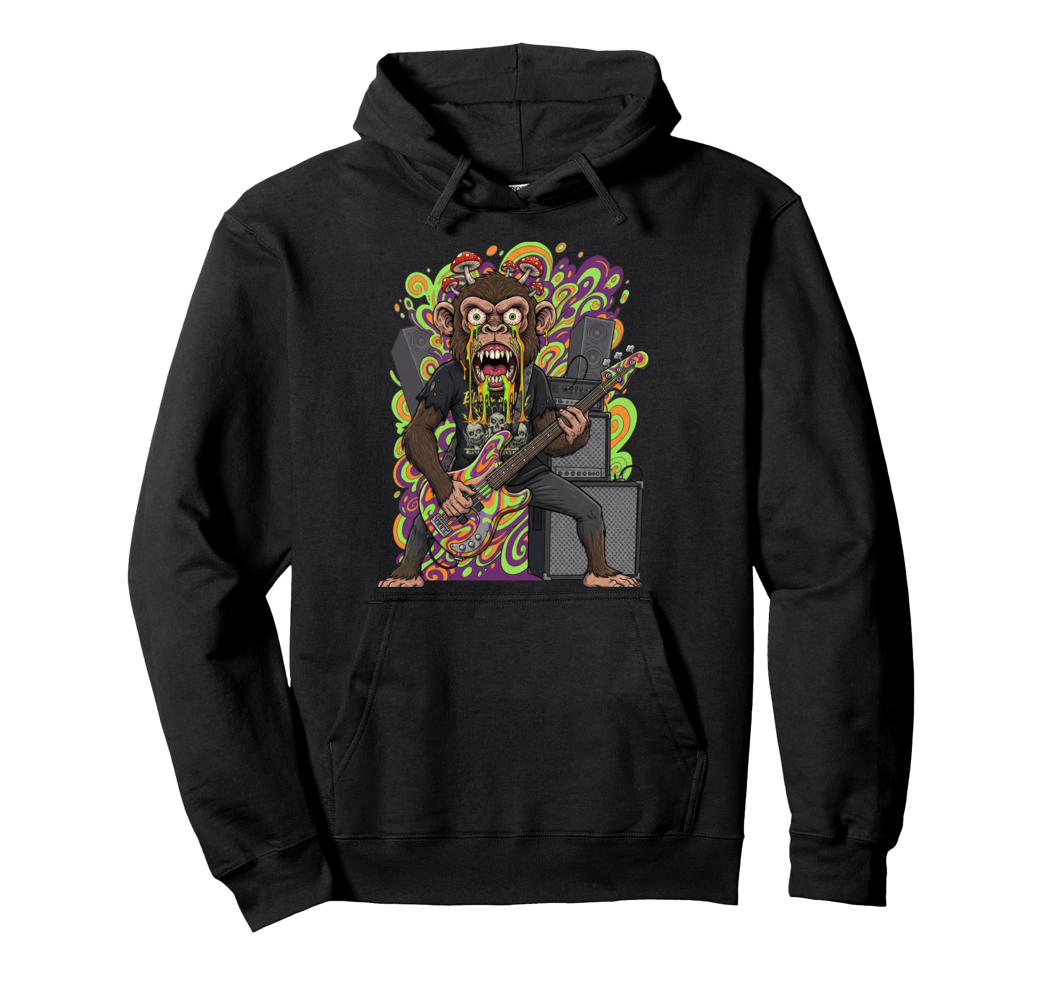 Trippy Bass Player Monkey Mushroom Hoodie - Custom Art Print Men Women - T-Shirt, Sweatshirt, Hoodie