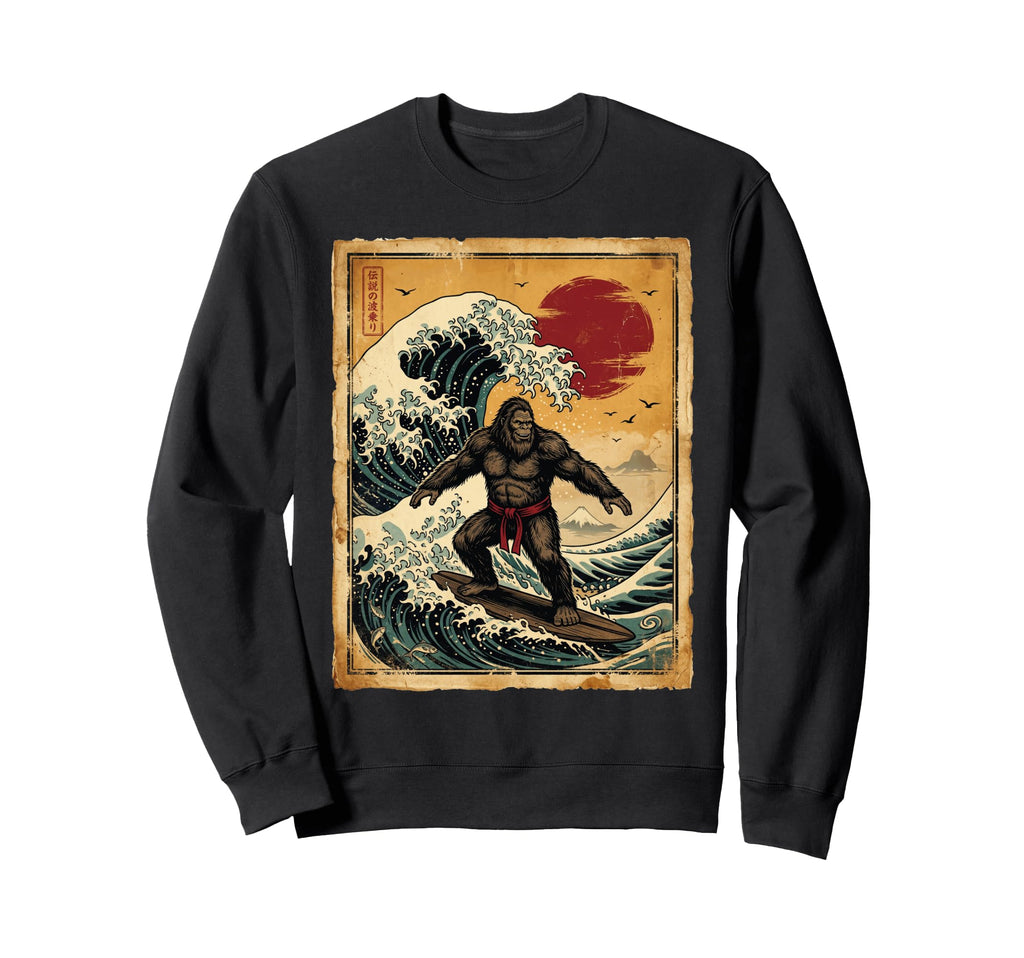 Bigfoot Surfing Great Wave Japanese Sweatshirt - Graphic Print for Adults - T-Shirt, Sweatshirt, Hoodie