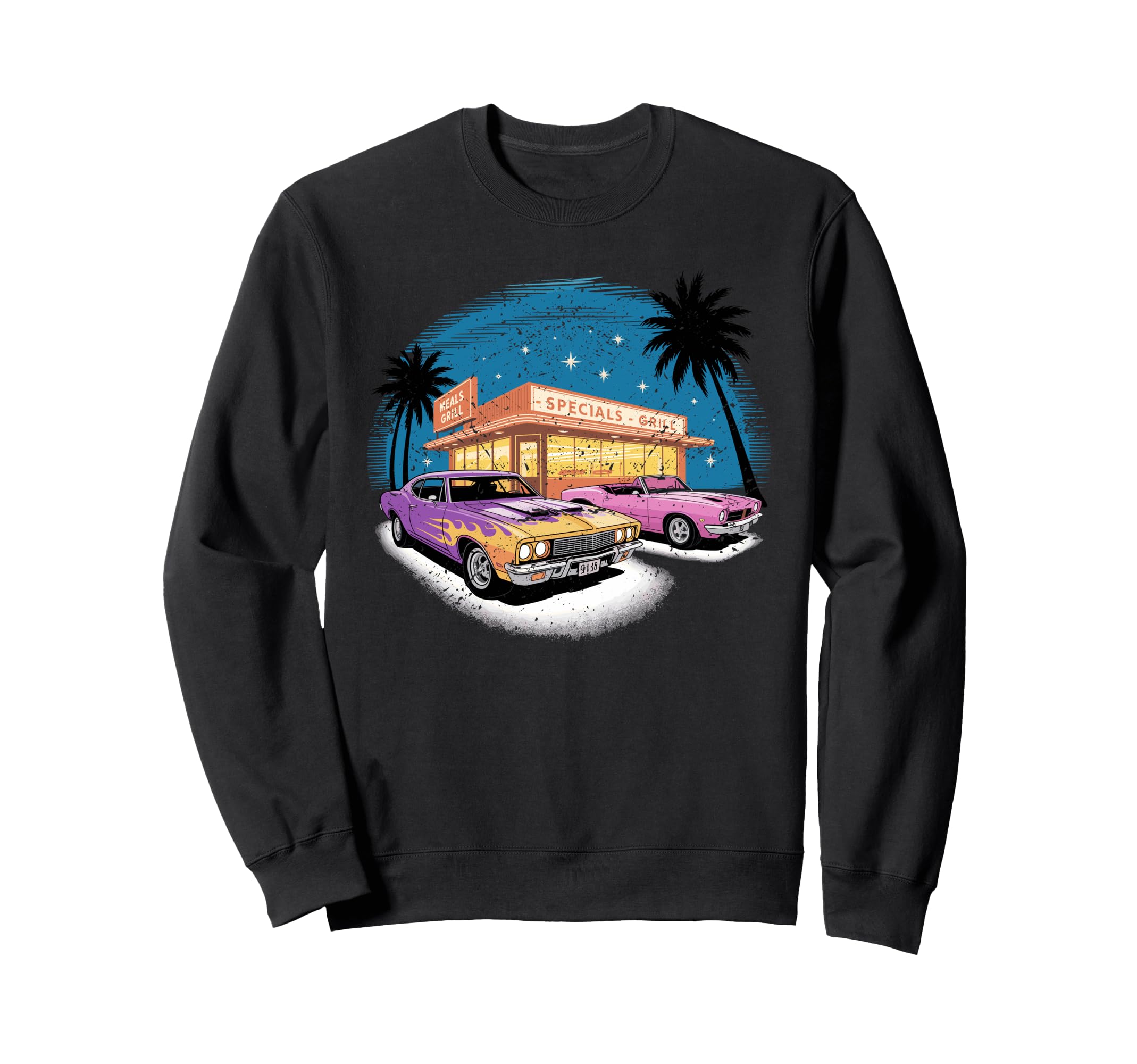 Colorful Muscle Cars Diner Night Sweatshirt - Graphic Print for Adults - T-Shirt, Sweatshirt, Hoodie