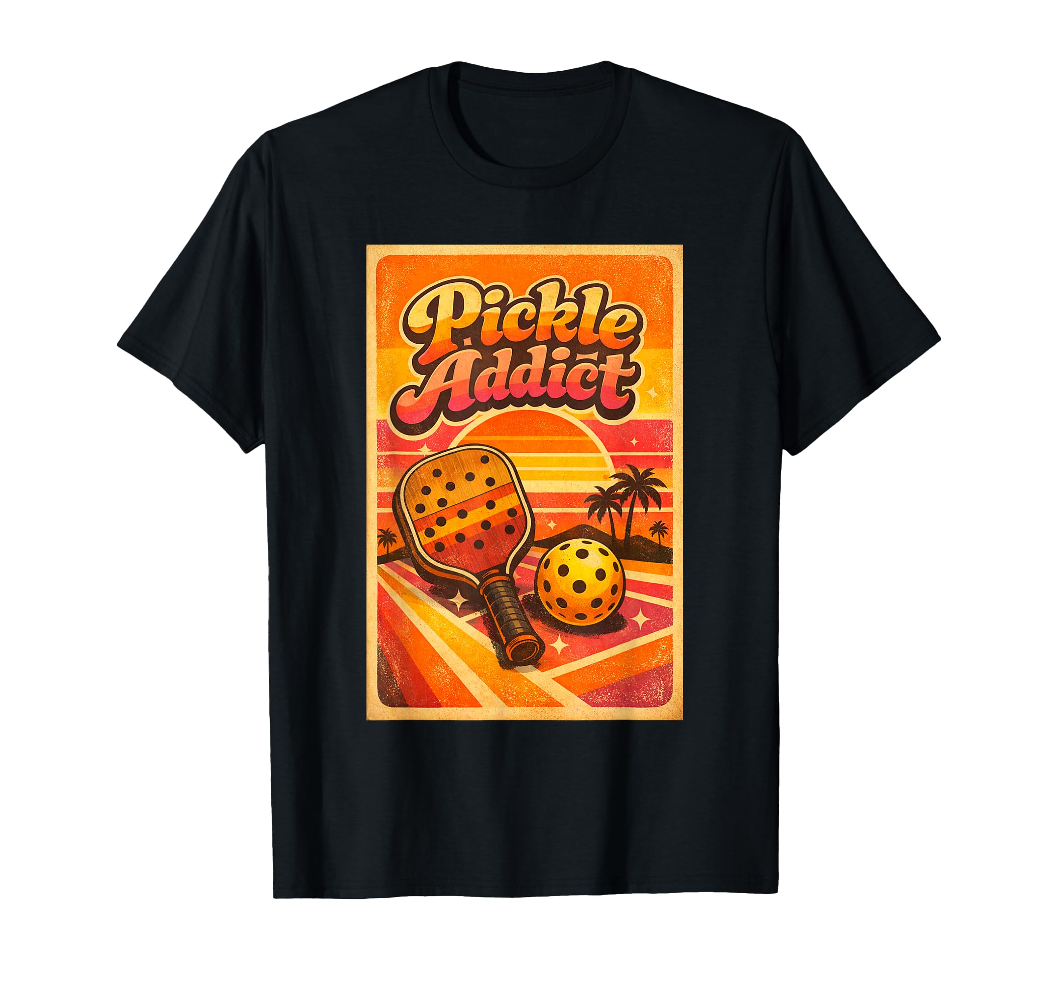 Pickle Addict 70S Pickleball Sunset T-Shirt - Aesthetic Graphic for Adults - T-Shirt, Sweatshirt, Hoodie