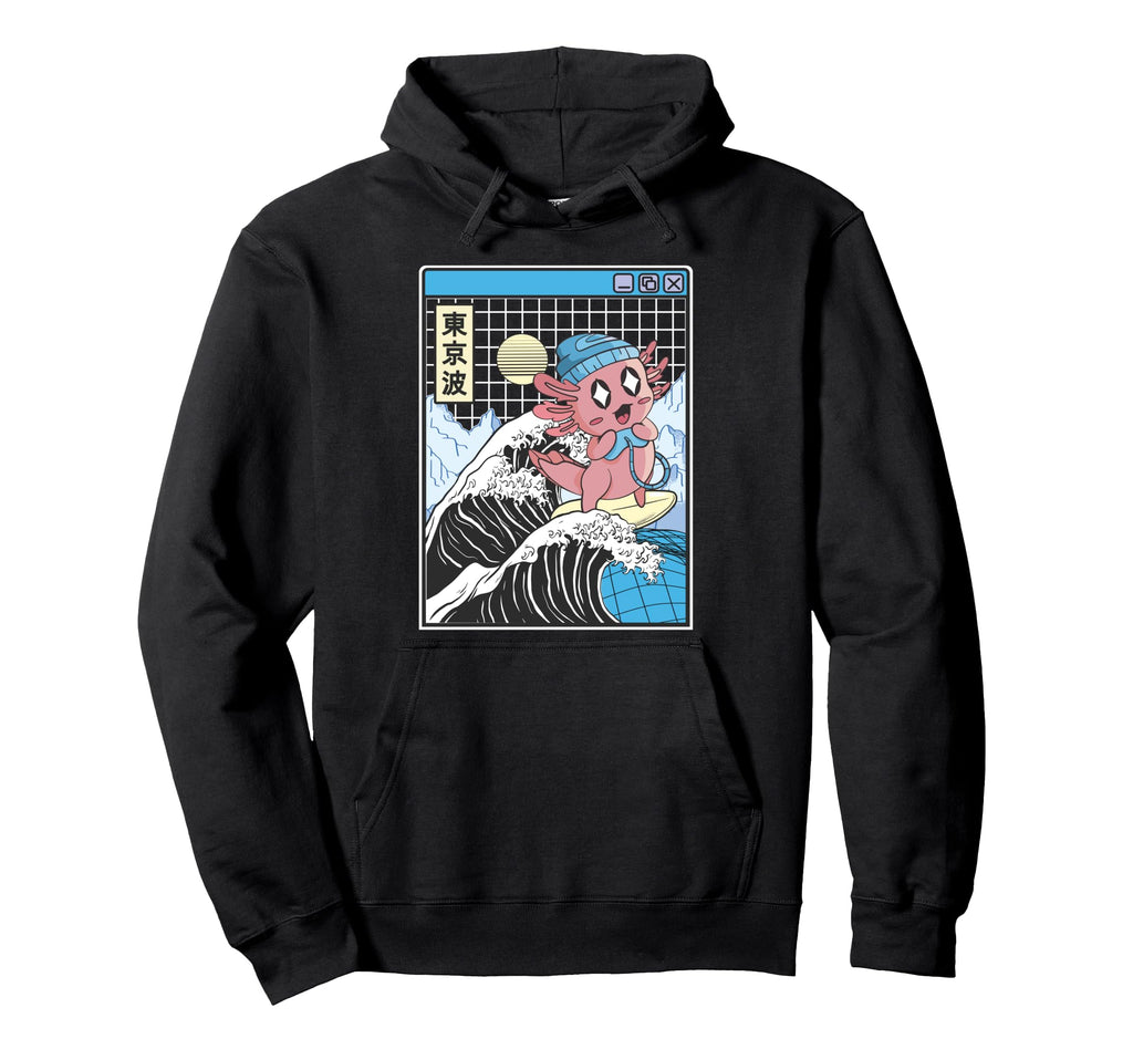 Gaming Axolotl Surfing Kanagawa Hoodie - Casual Everyday Wear for Adults - T-Shirt, Sweatshirt, Hoodie