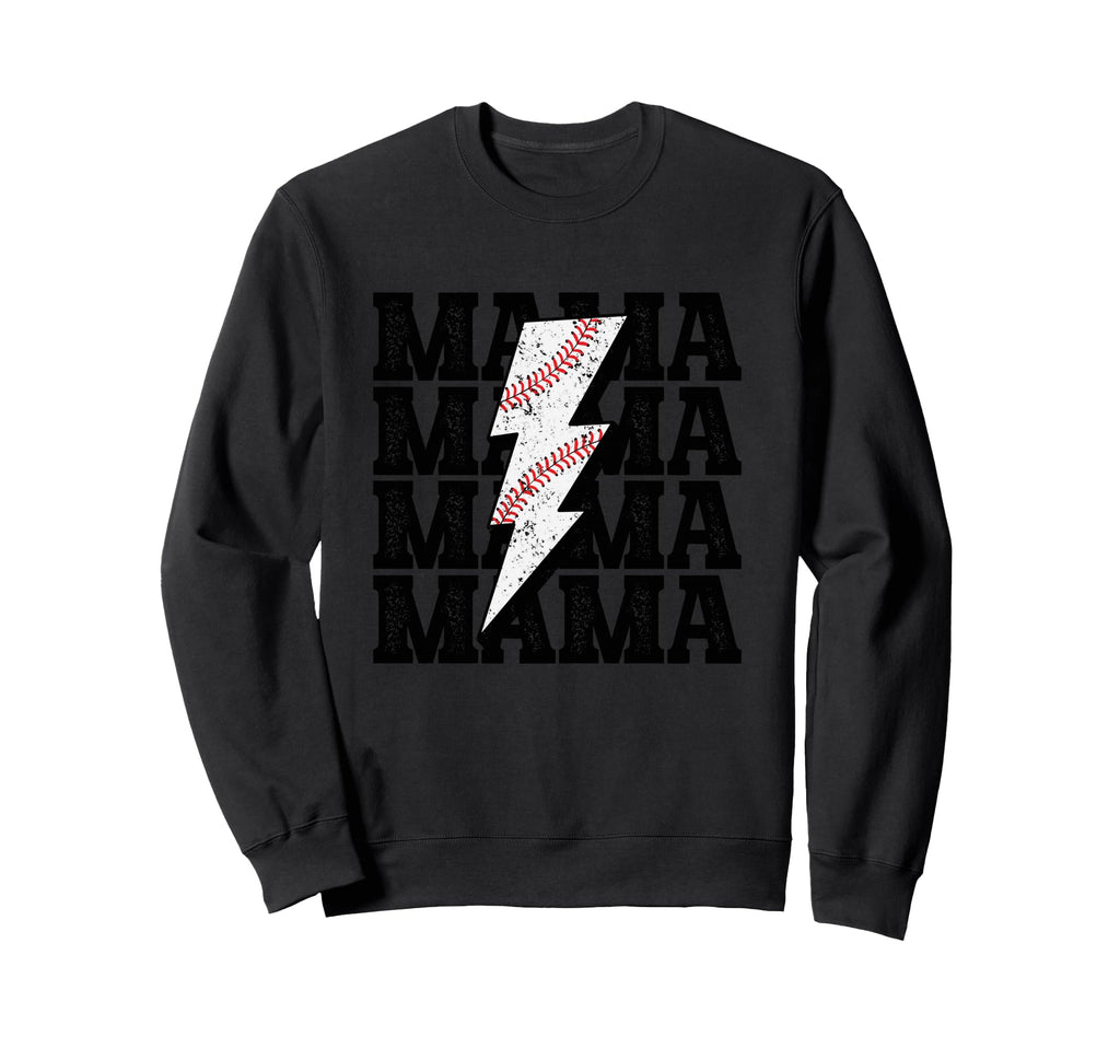 Baseball Mama Distressed Lightning Sweatshirt - Unique Graphic Men Women - T-Shirt, Sweatshirt, Hoodie