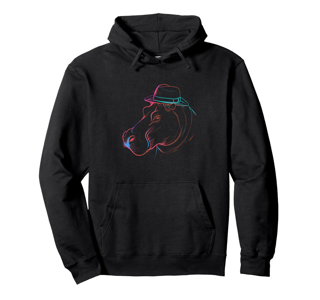 Vaporwave Hippo Fedora Hat Outline Art Hoodie - Unique Graphic Men Women - T-Shirt, Sweatshirt, Hoodie