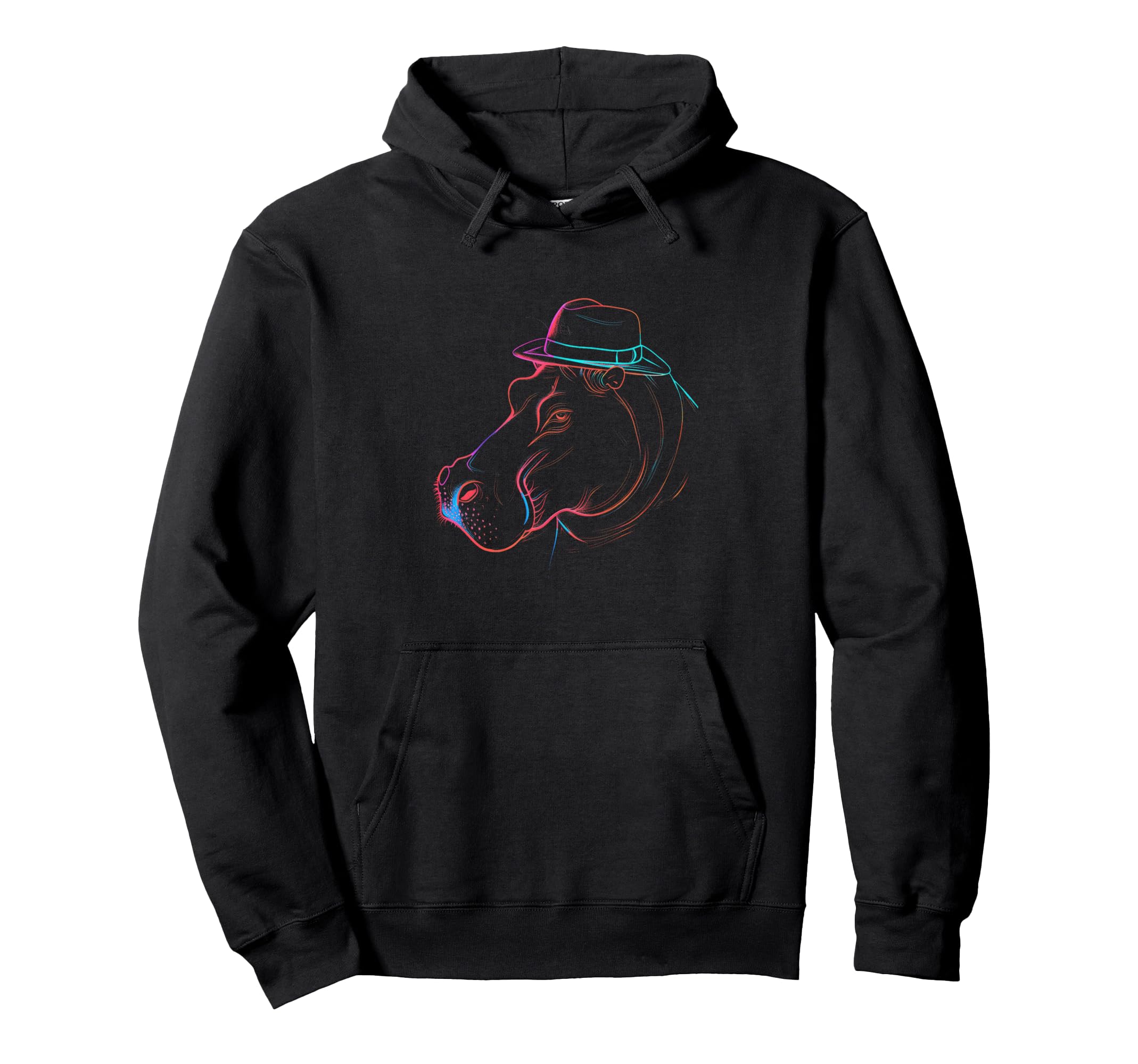 Vaporwave Hippo Fedora Hat Outline Art Hoodie - Unique Graphic Men Women - T-Shirt, Sweatshirt, Hoodie