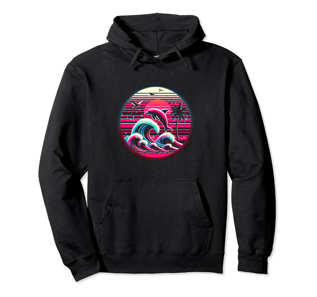 Palm Sunset Dolphin 80S 90S Vaporwave Hoodie - Custom Art Print Men Women - T-Shirt, Sweatshirt, Hoodie