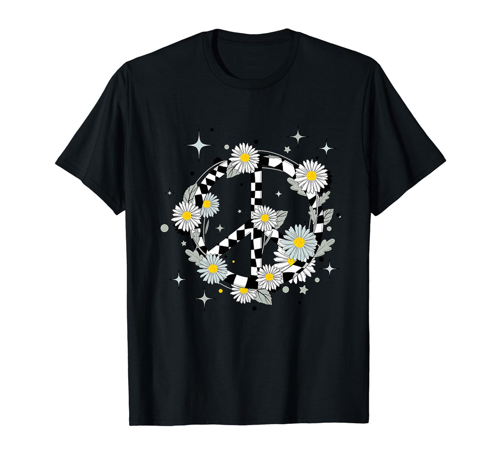 Checkered Daisy Flower Peace Sign Hippie T-Shirt - Novelty Apparel Unisex - T-Shirt, Sweatshirt, Hoodie
