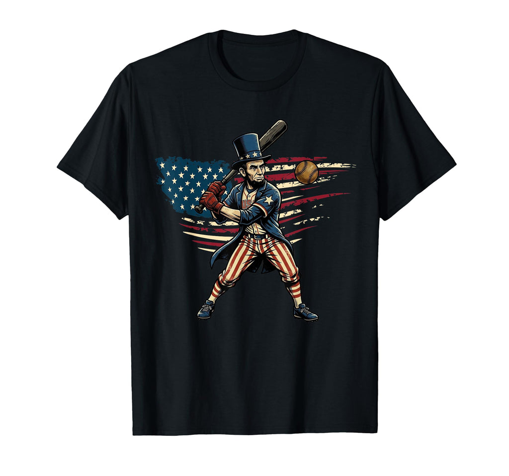 Abe Lincoln Baseball Usa Flag 4Th T-Shirt - Custom Art Print for Adults - T-Shirt, Sweatshirt, Hoodie