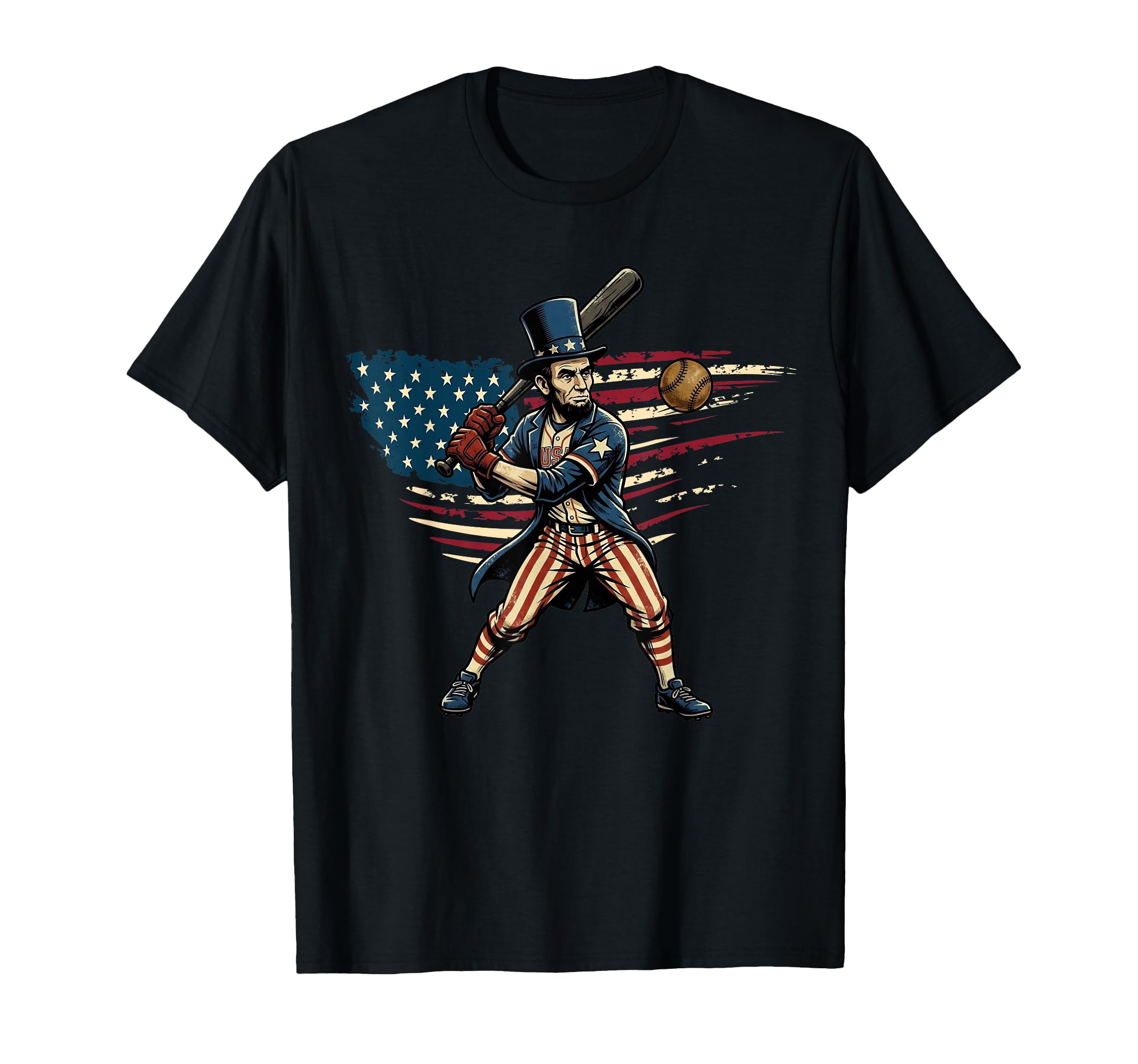 Abe Lincoln Baseball Usa Flag 4Th T-Shirt - Custom Art Print for Adults - T-Shirt, Sweatshirt, Hoodie