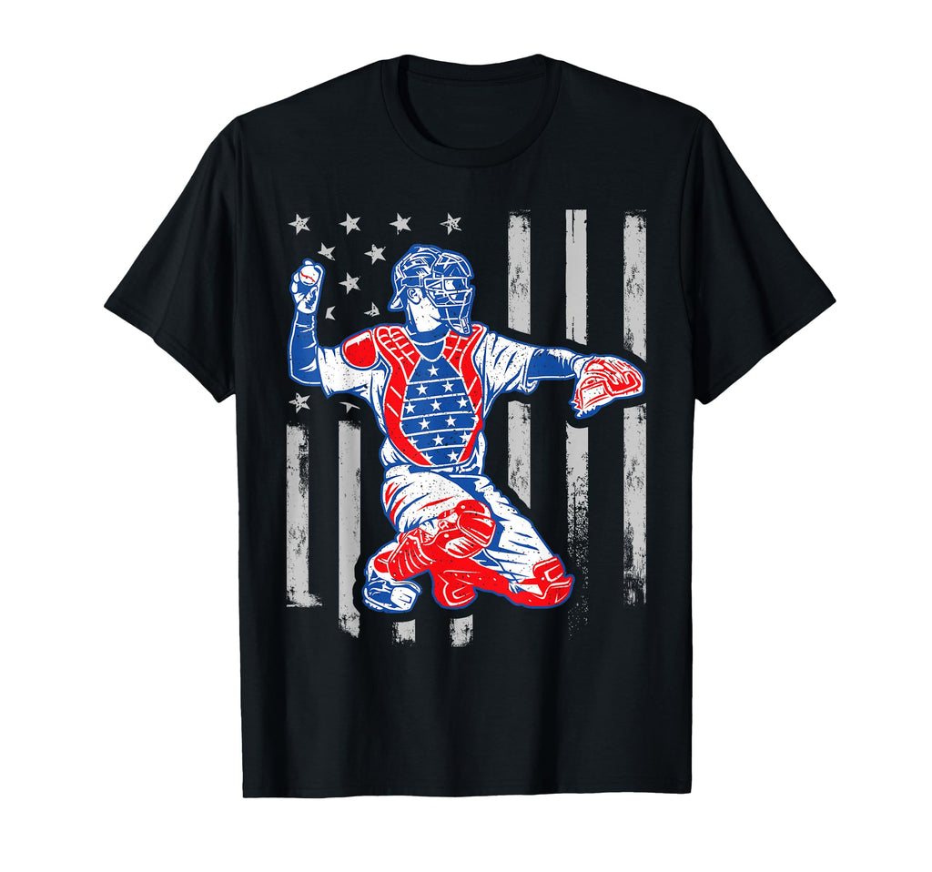 American Baseball Catcher Usa Flag T-Shirt - Casual Everyday Wear Unisex - T-Shirt, Sweatshirt, Hoodie