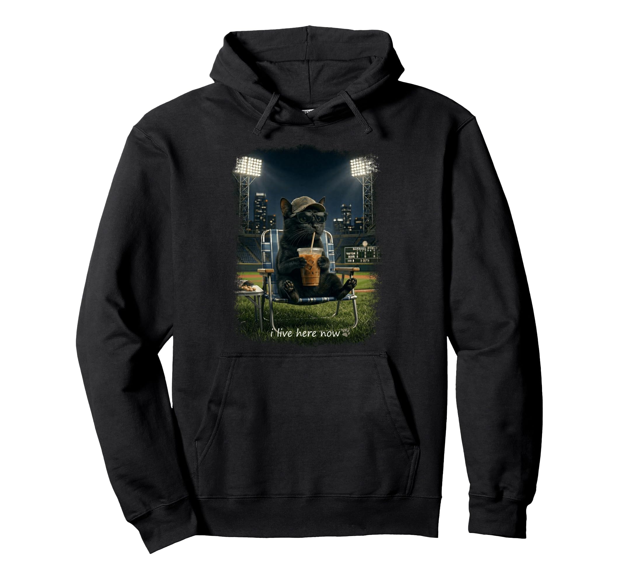 Funny Cat Black Ballfield Baseball Field Hoodie - Custom Art Print Unisex - T-Shirt, Sweatshirt, Hoodie