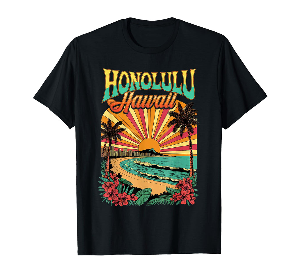 Vibrant Honolulu Hawaii Skyline Sunset T-Shirt - Custom Art Print Men Women - T-Shirt, Sweatshirt, Hoodie