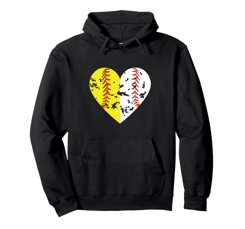 Split Half Baseball Softball Heart Love Hoodie - Trendy Graphic Unisex - T-Shirt, Sweatshirt, Hoodie