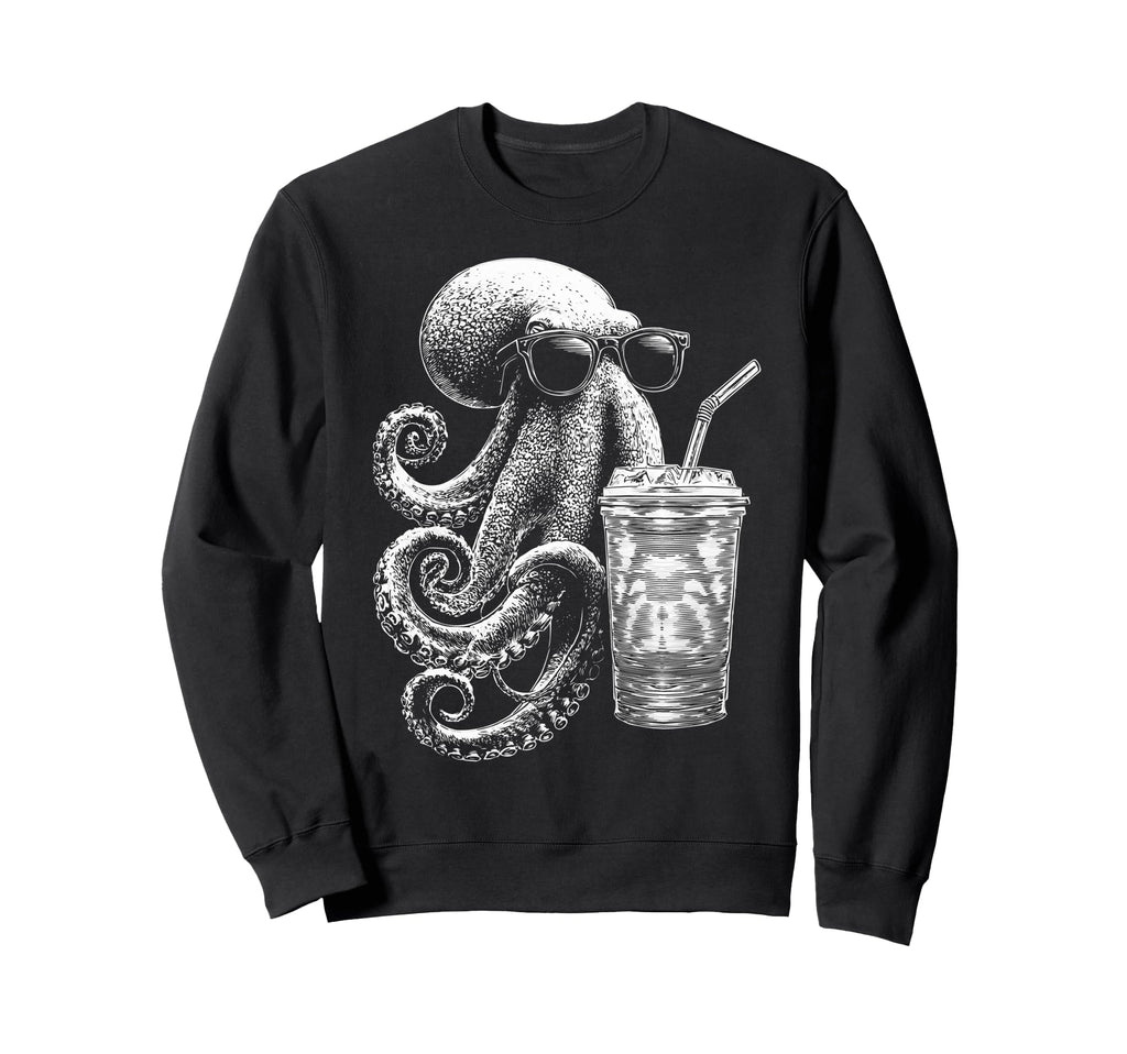 Octopus Drinking Iced Coffee Funny Sweatshirt - Aesthetic Graphic Unisex - T-Shirt, Sweatshirt, Hoodie
