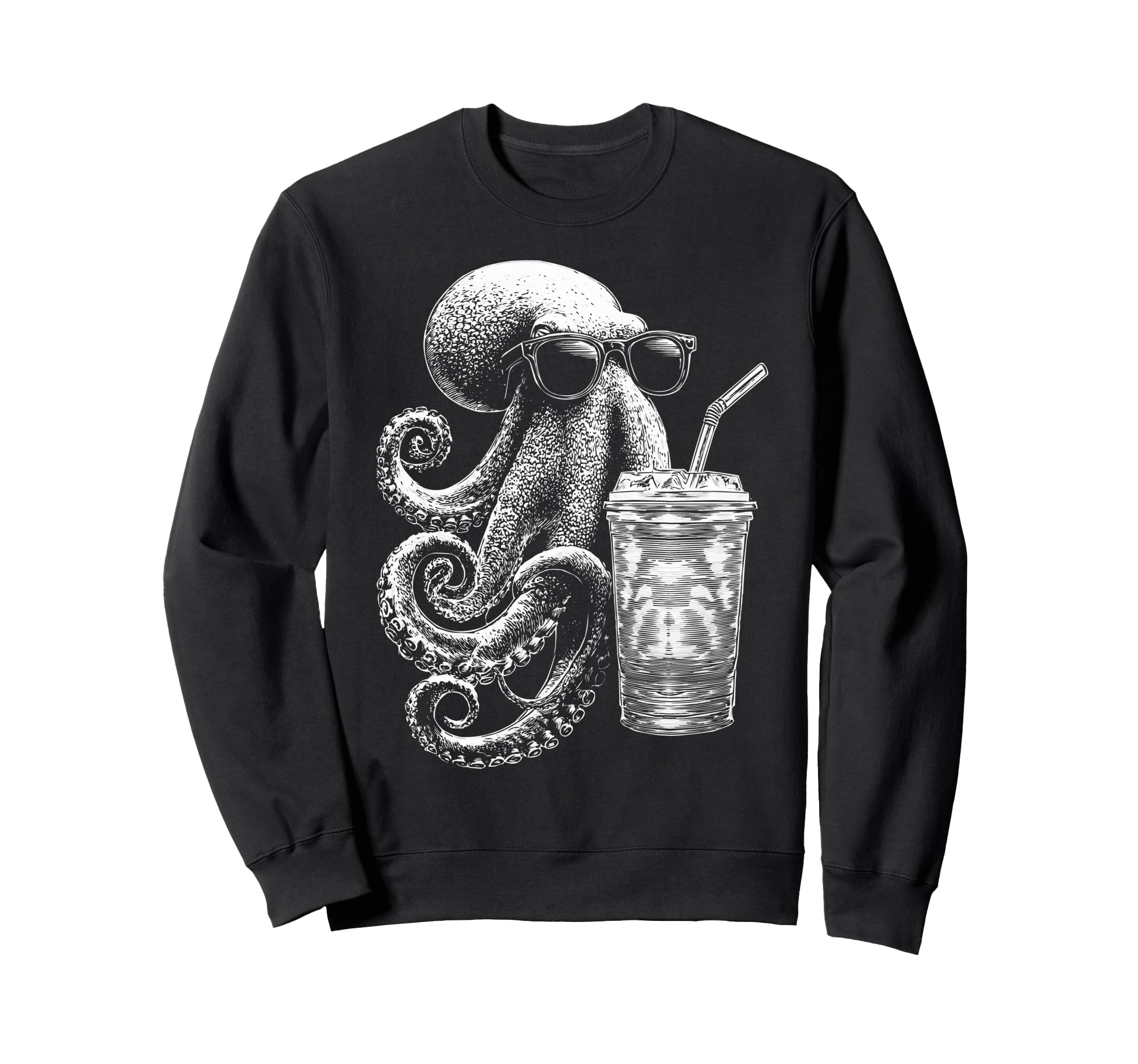 Octopus Drinking Iced Coffee Funny Sweatshirt - Aesthetic Graphic Unisex - T-Shirt, Sweatshirt, Hoodie
