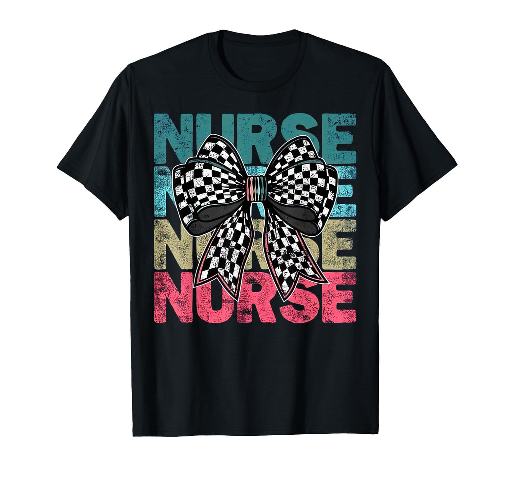 Nurse Coquette Bow Checkered T-Shirt - Casual Everyday Wear Men Women - T-Shirt, Sweatshirt, Hoodie