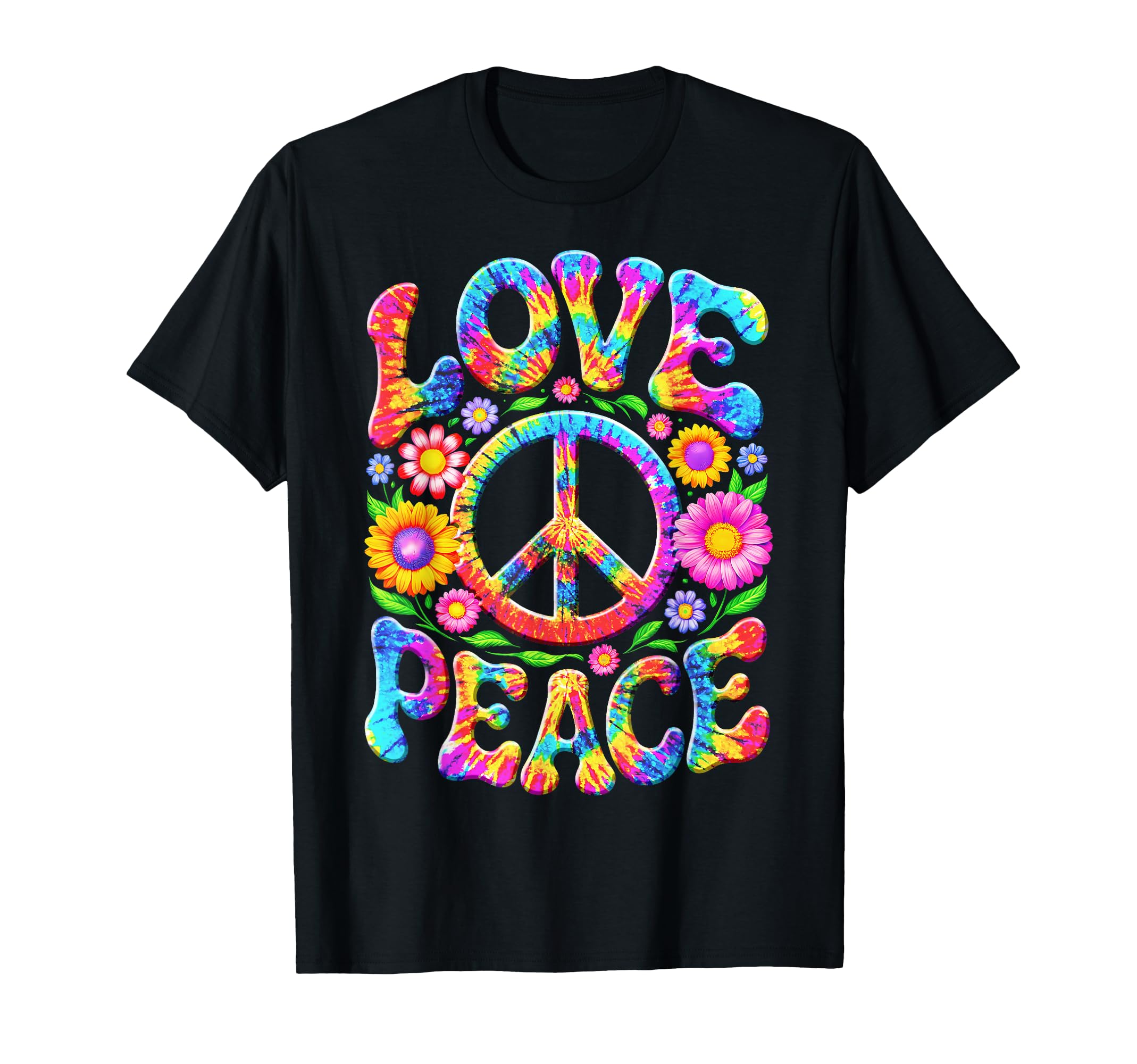 Colorful Flowers Love Peace Sign 60S 70S T-Shirt - Novelty Apparel Unisex - T-Shirt, Sweatshirt, Hoodie