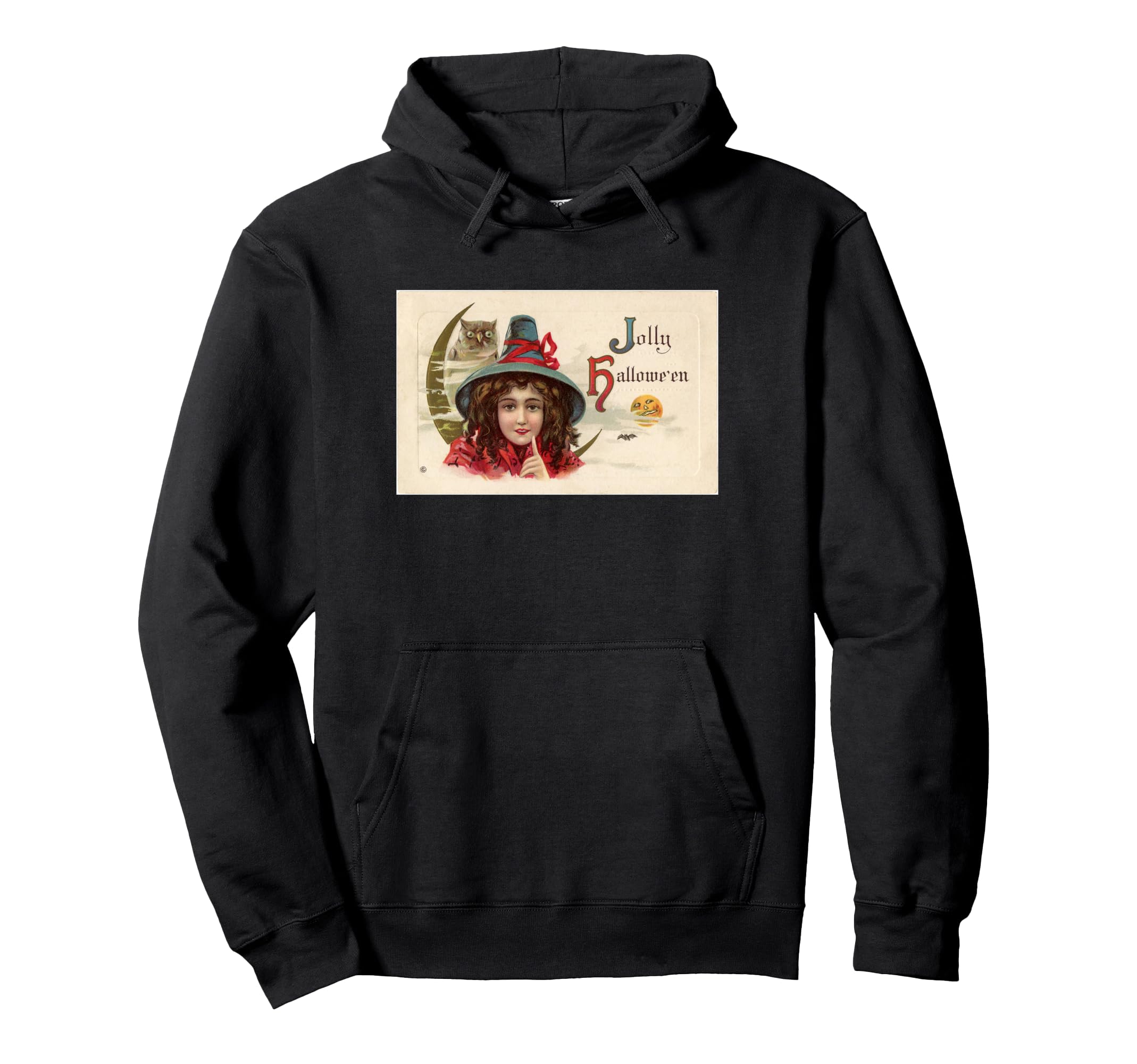 Jolly Halloween Postcard Witch Owl Hoodie - Graphic Print Men Women - T-Shirt, Sweatshirt, Hoodie