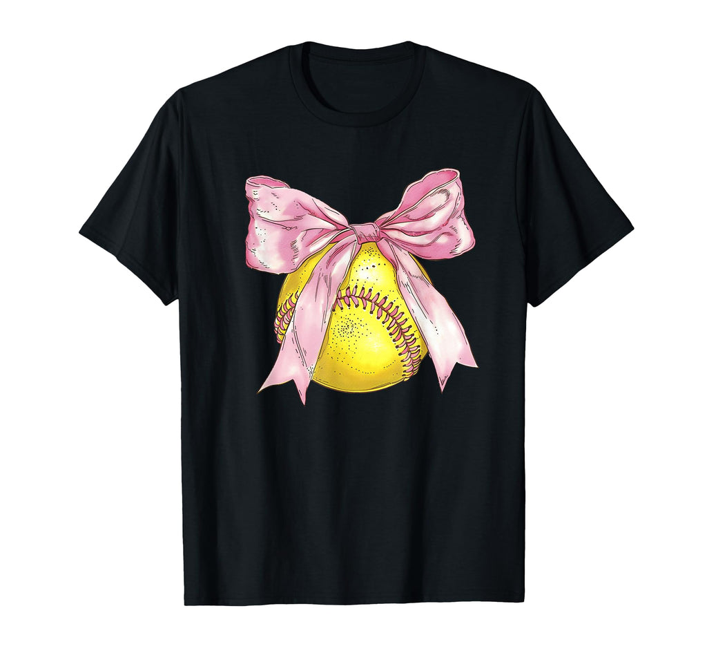 Softball Coquette Bow Ribbon Mom T-Shirt - Casual Everyday Wear Men Women - T-Shirt, Sweatshirt, Hoodie