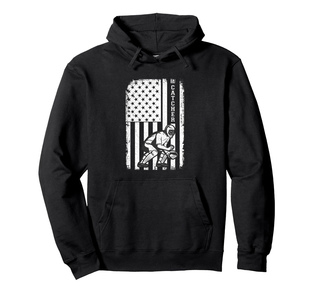Baseball Catcher Us Flag Player Sport Lover Hoodie - Trendy Graphic Unisex - T-Shirt, Sweatshirt, Hoodie
