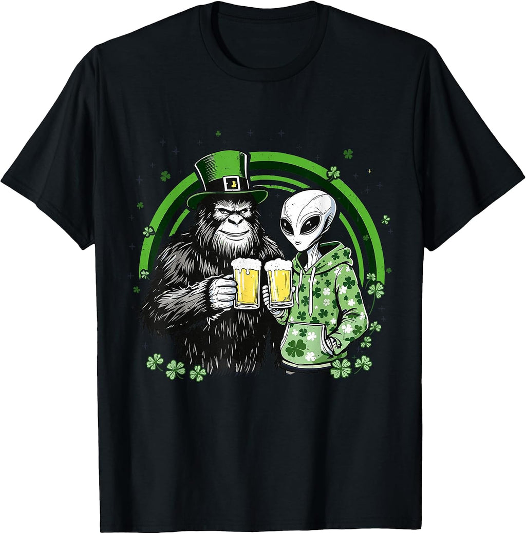 Bigfoot and alien St Patricks Day Beer - Adult & Kids T-Shirts, Sweatshirts & Hoodies apparel design preview 1