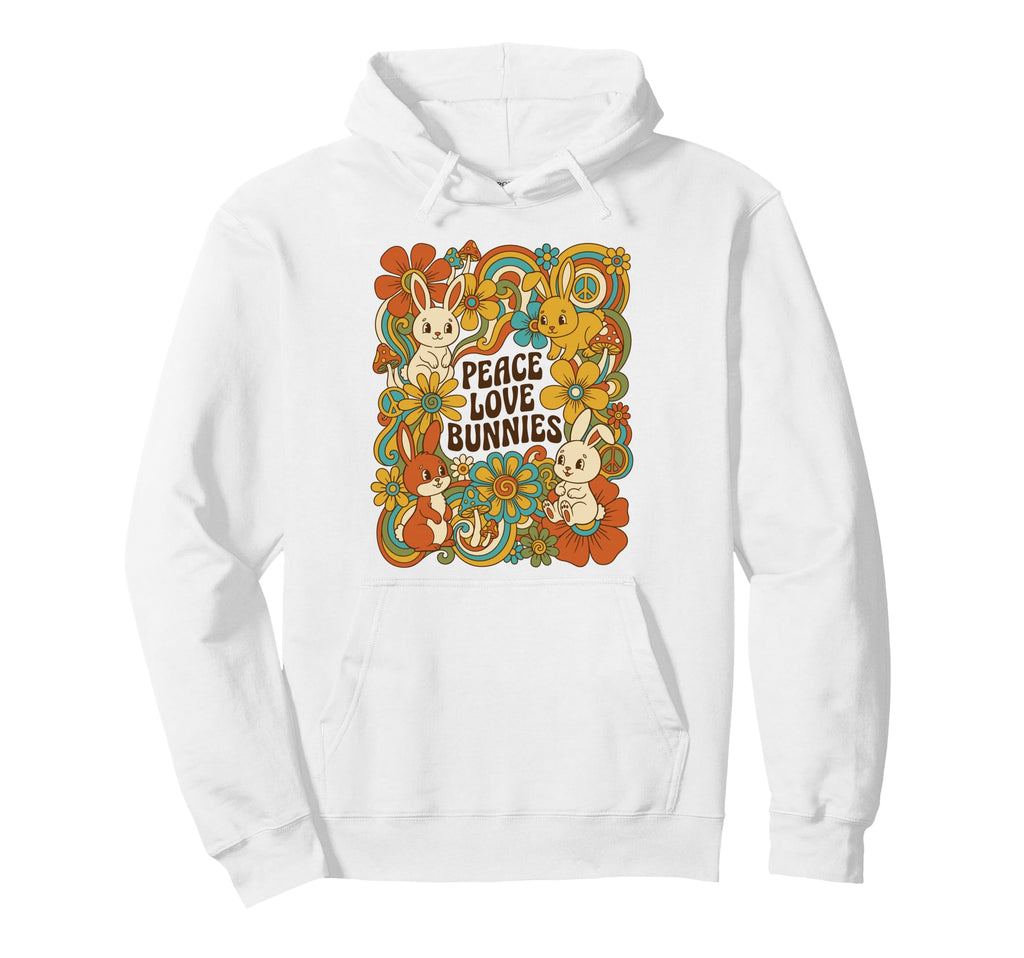 Peace Love Bunnies Groovy Rabbit Flower Hoodie - Custom Art Print Unisex - T-Shirt, Sweatshirt, Hoodie