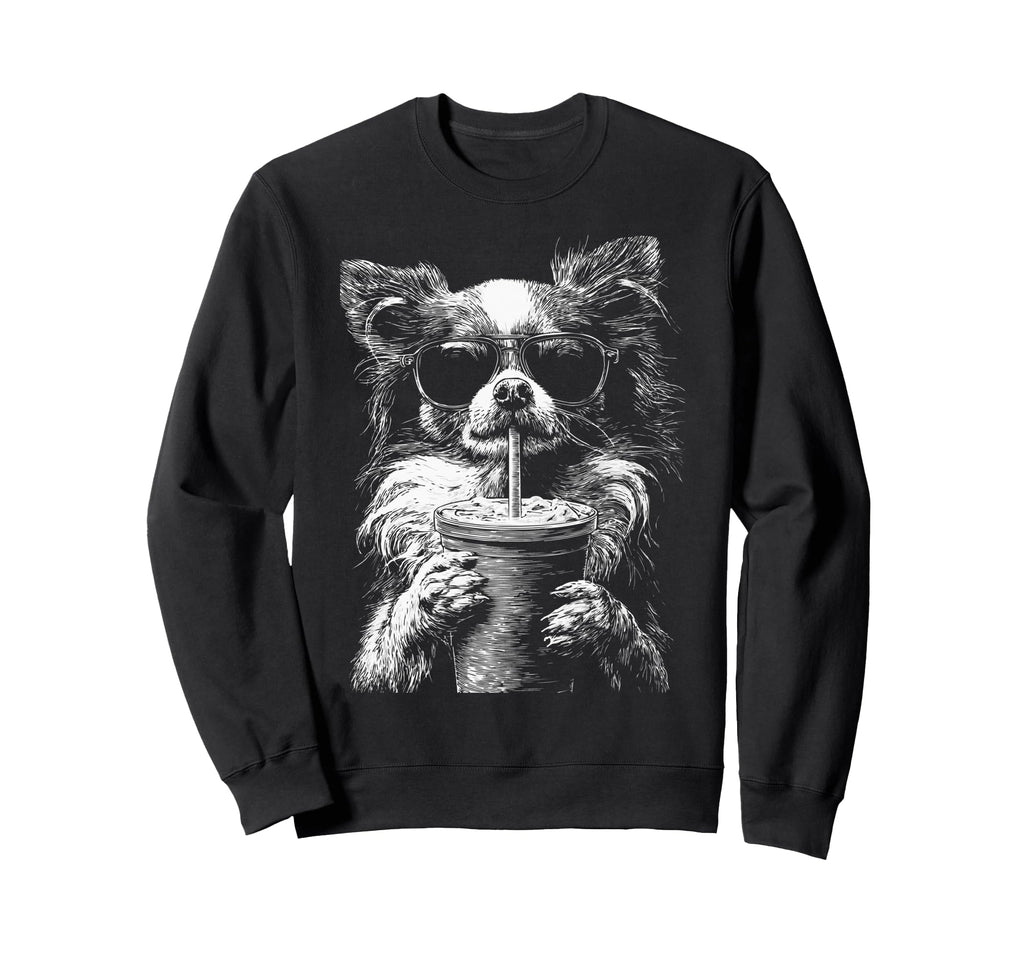 Chihuahua Drinking Iced Coffee Funny Sweatshirt - Graphic Print Men Women - T-Shirt, Sweatshirt, Hoodie