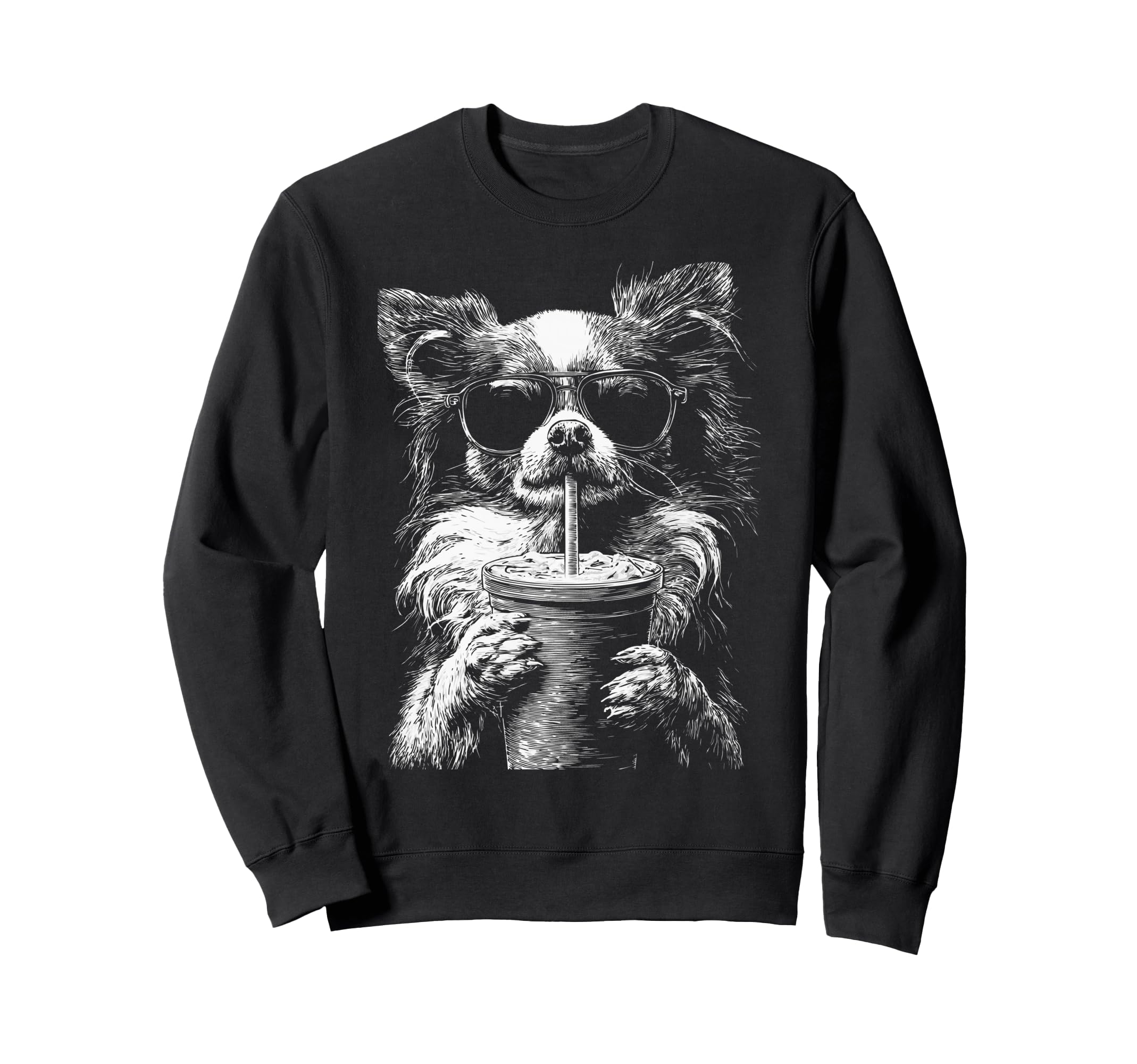 Chihuahua Drinking Iced Coffee Funny Sweatshirt - Graphic Print Men Women - T-Shirt, Sweatshirt, Hoodie