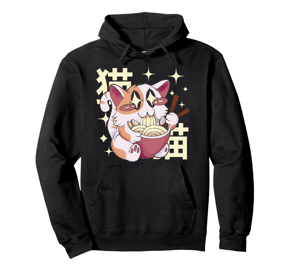 Happy Cat Eating Ramen Japan 80S Hoodie - Minimalist Print for Adults - T-Shirt, Sweatshirt, Hoodie