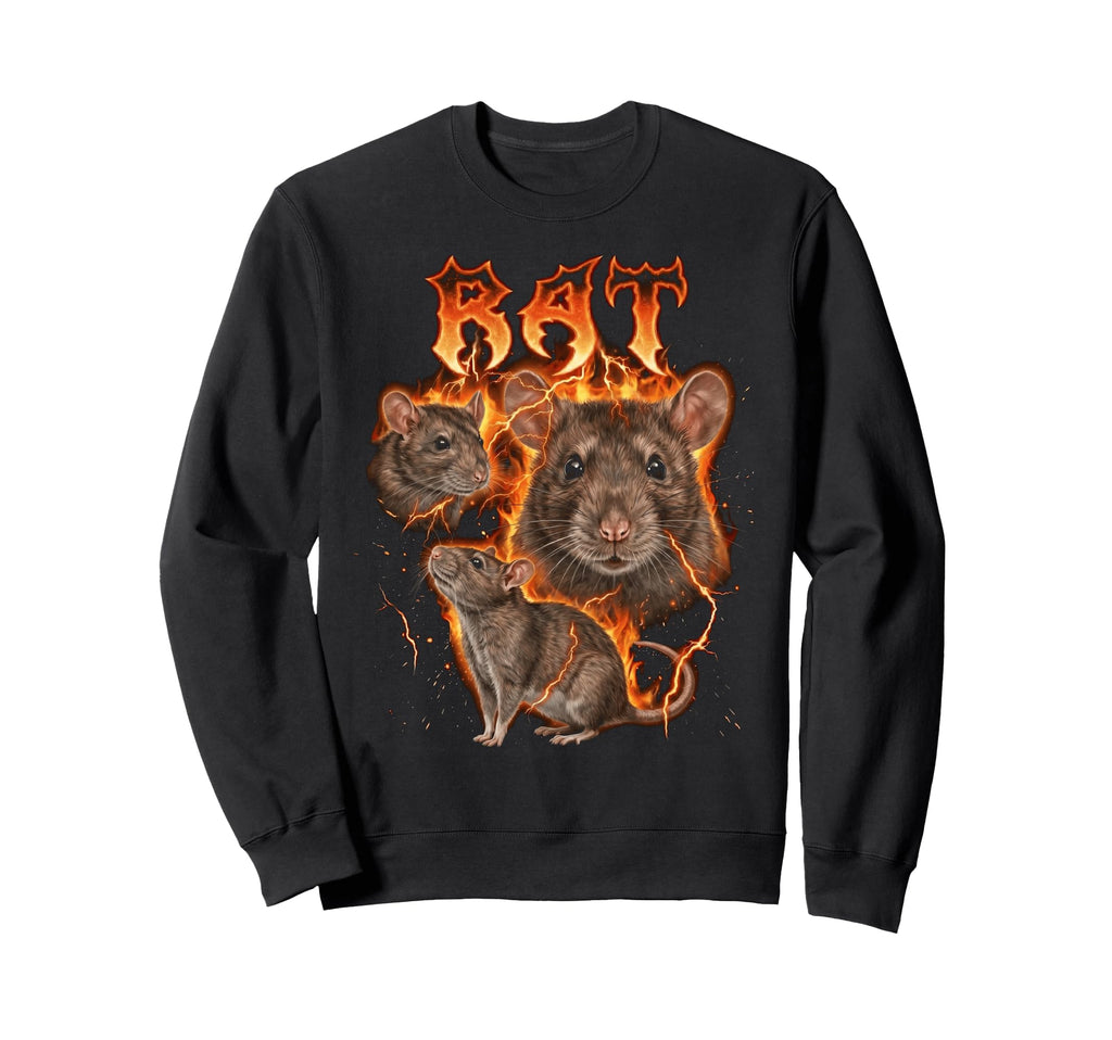 Rat 90S Heavy Metal Flames Sweatshirt - Trendy Graphic Unisex - T-Shirt, Sweatshirt, Hoodie