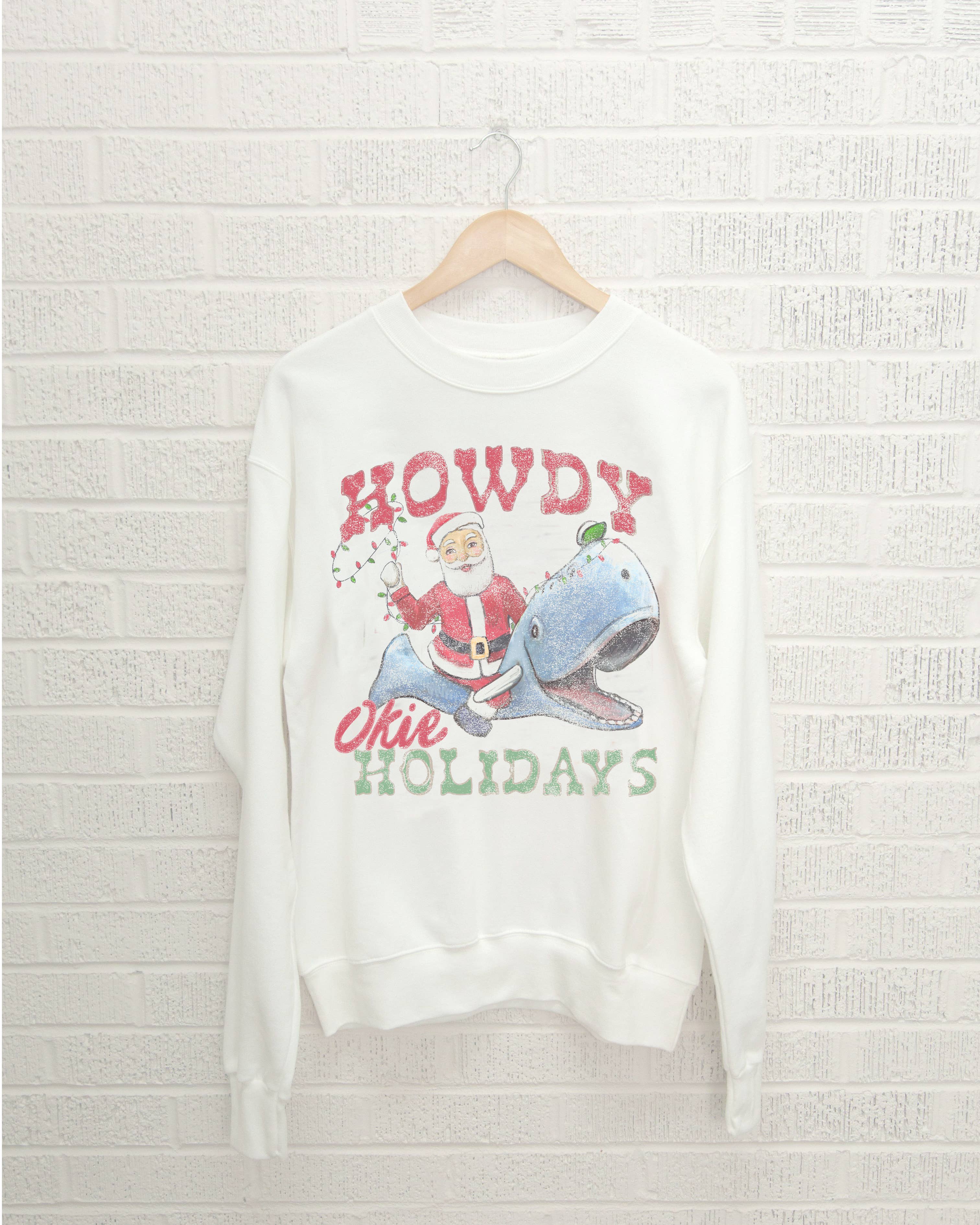 Christmas Howdy Okie Holidays White Thrifted - Adult & Kids T-Shirts, Sweatshirts & Hoodies apparel design preview 1