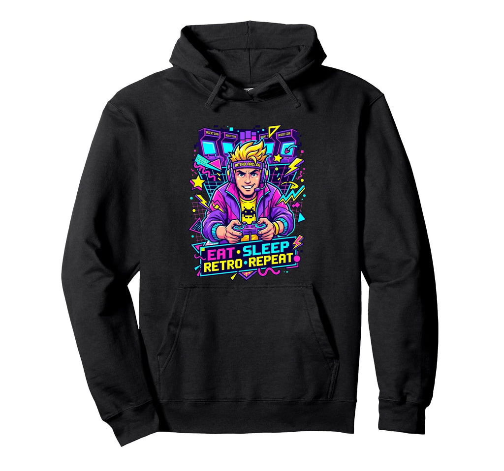 Eat Sleep Repeat 90S Arcade Gamer Portrait Hoodie - Unique Graphic Unisex - T-Shirt, Sweatshirt, Hoodie