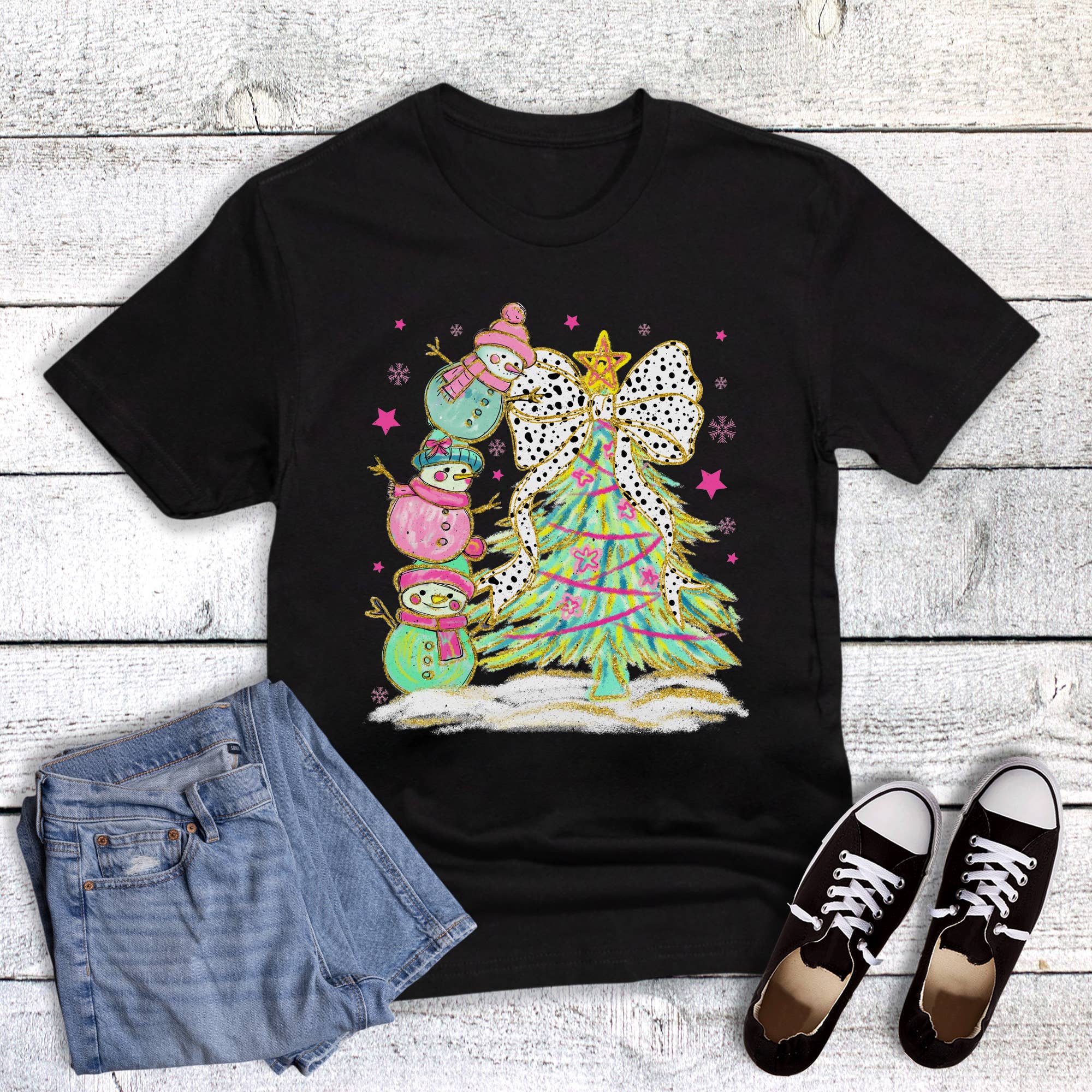 Christmas Snowman Stack and Tree Graphic - Adult & Kids T-Shirts, Sweatshirts & Hoodies apparel design preview 1