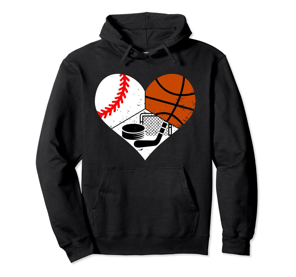 Baseball Basketball Hockey Heart Hoodie - Fun Novelty Design for Adults - T-Shirt, Sweatshirt, Hoodie