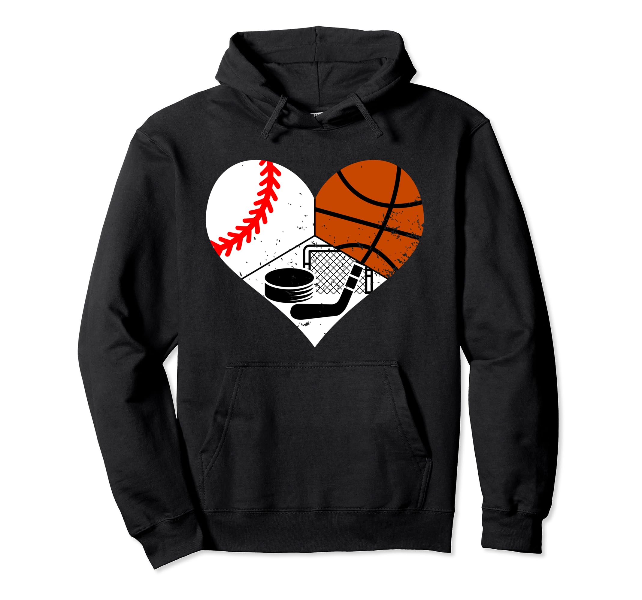 Baseball Basketball Hockey Heart Hoodie - Fun Novelty Design for Adults - T-Shirt, Sweatshirt, Hoodie