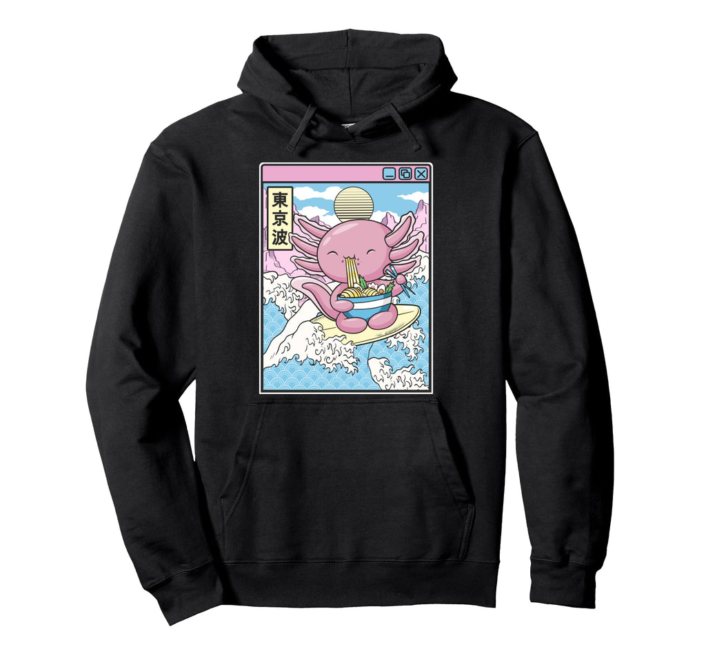 Axolotl Eating Ramen Surfing Japan Hoodie - Casual Everyday Wear Unisex - T-Shirt, Sweatshirt, Hoodie