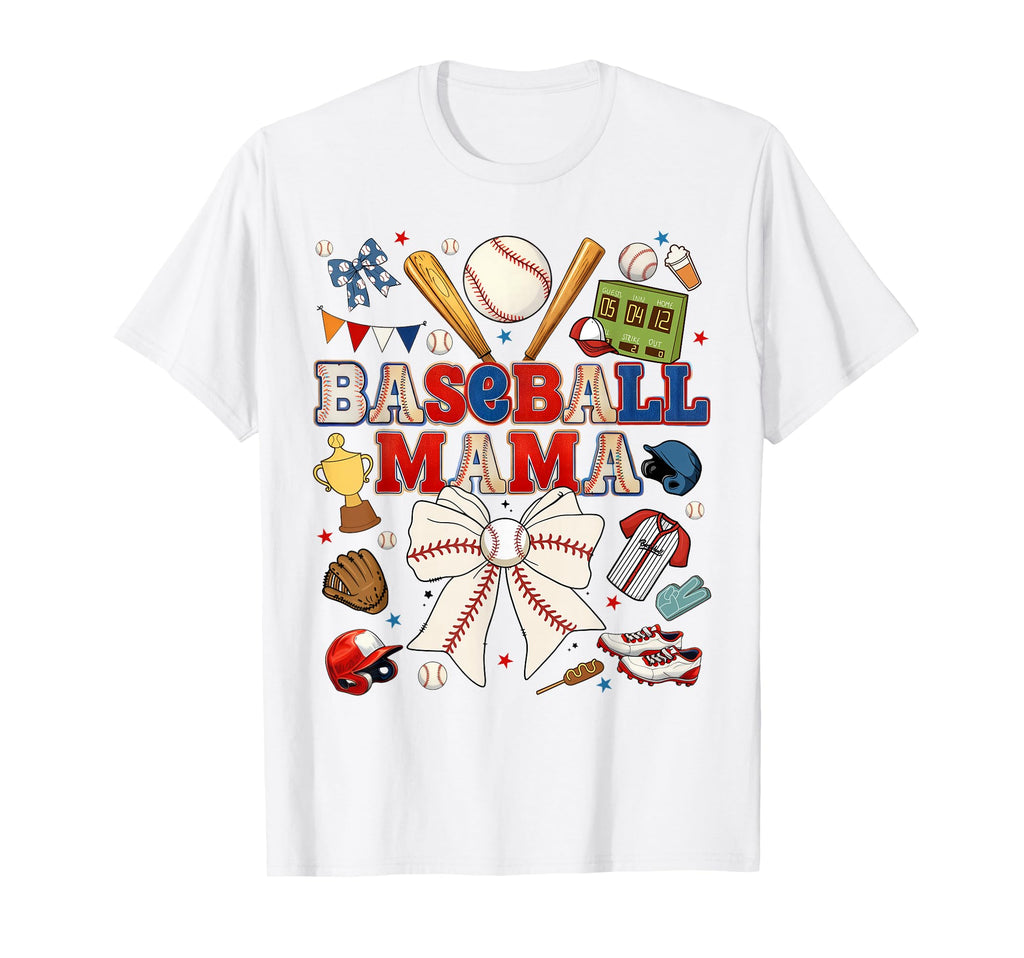 Baseball Mama Sports Mom Baseball Bow T-Shirt - Unique Graphic Men Women - T-Shirt, Sweatshirt, Hoodie