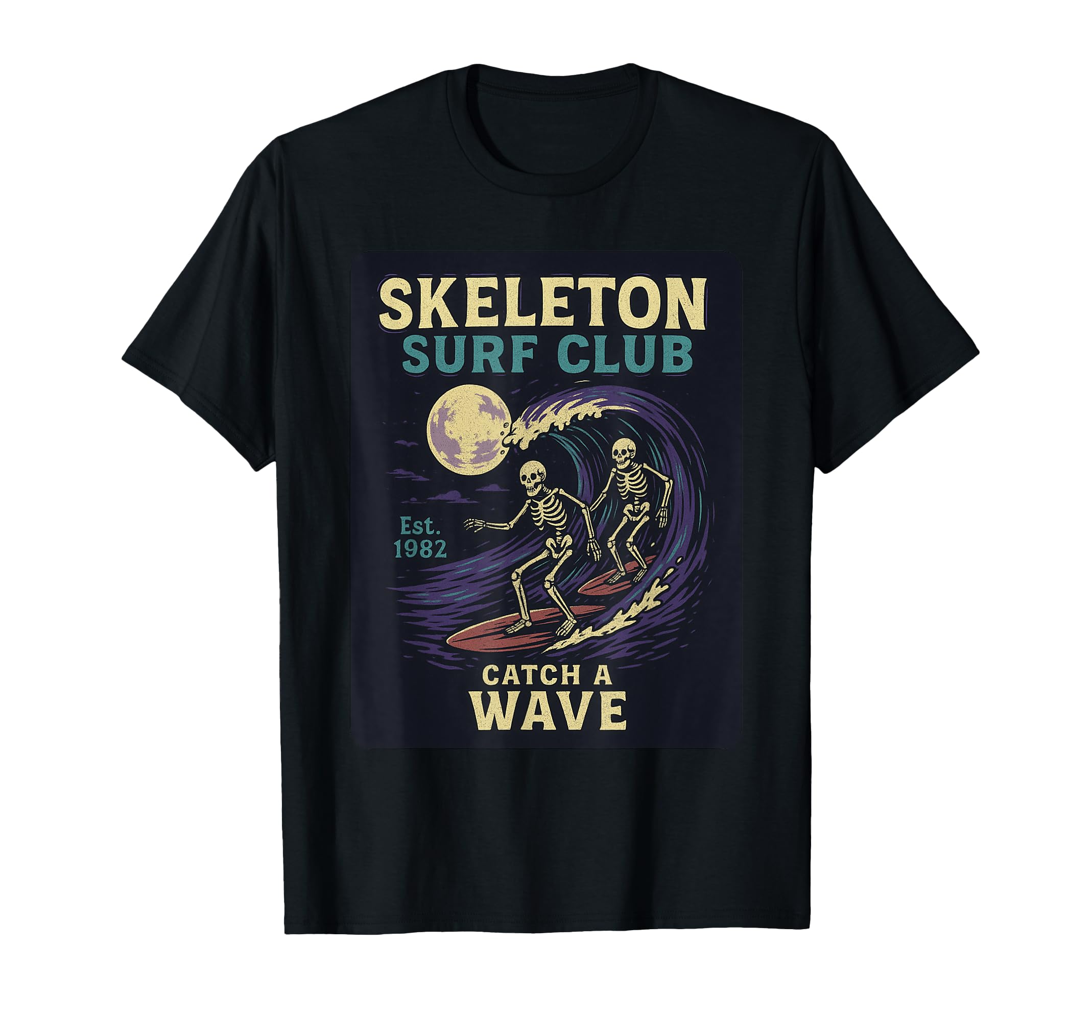 Skeleton Surf Club Halloween Surfing T-Shirt - Custom Art Print Unisex - T-Shirt, Sweatshirt, Hoodie