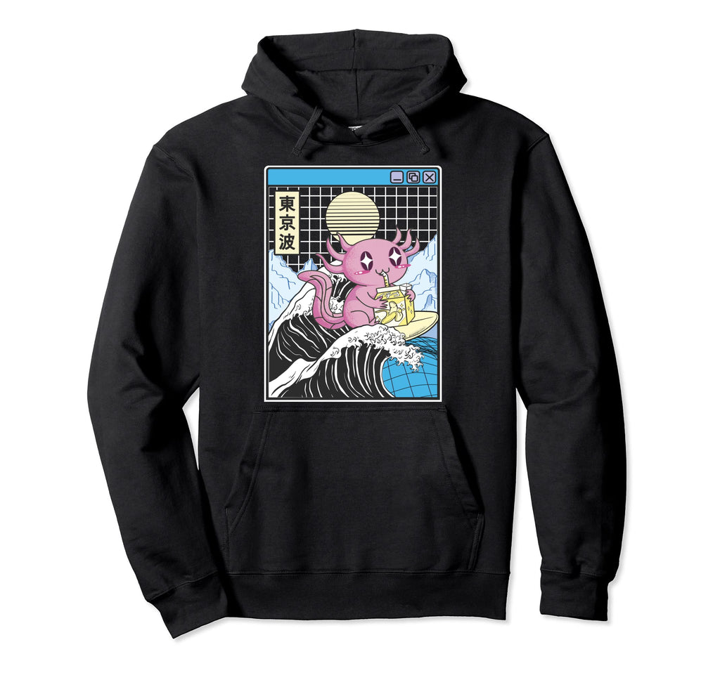 Axolotl Drinking Banana Milk Kanagawa Wave Hoodie - Unique Graphic Unisex - T-Shirt, Sweatshirt, Hoodie