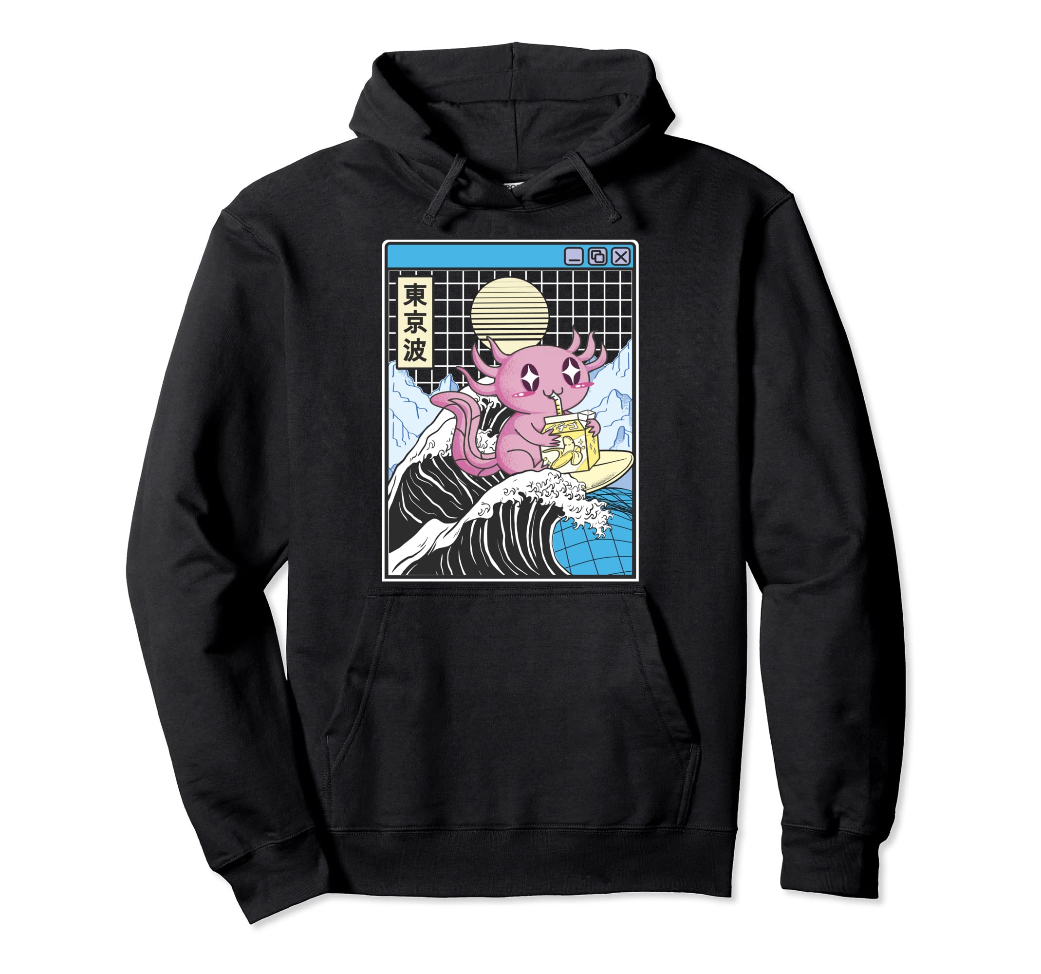 Axolotl Drinking Banana Milk Kanagawa Wave Hoodie - Unique Graphic Unisex - T-Shirt, Sweatshirt, Hoodie