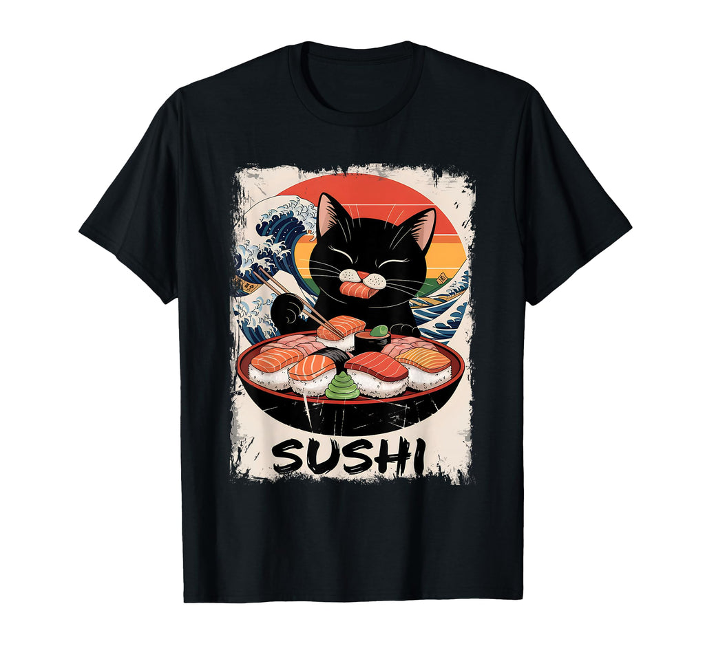 Black Cat Eating Sushi Japanese Art T-Shirt - Novelty Apparel Men Women - T-Shirt, Sweatshirt, Hoodie