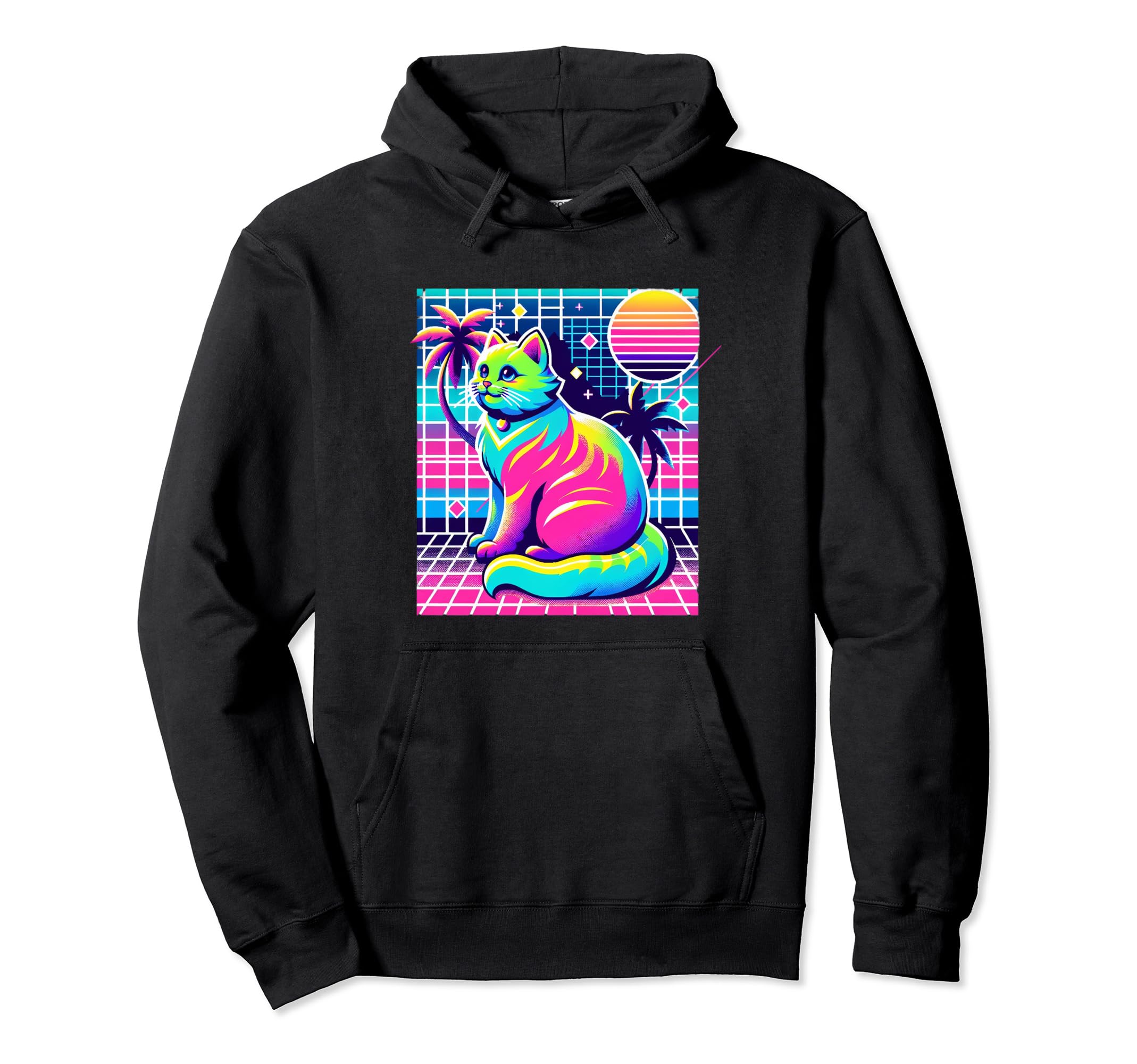 Vaporwave Glitch Art Cat Hoodie - Novelty Apparel for Adults - T-Shirt, Sweatshirt, Hoodie