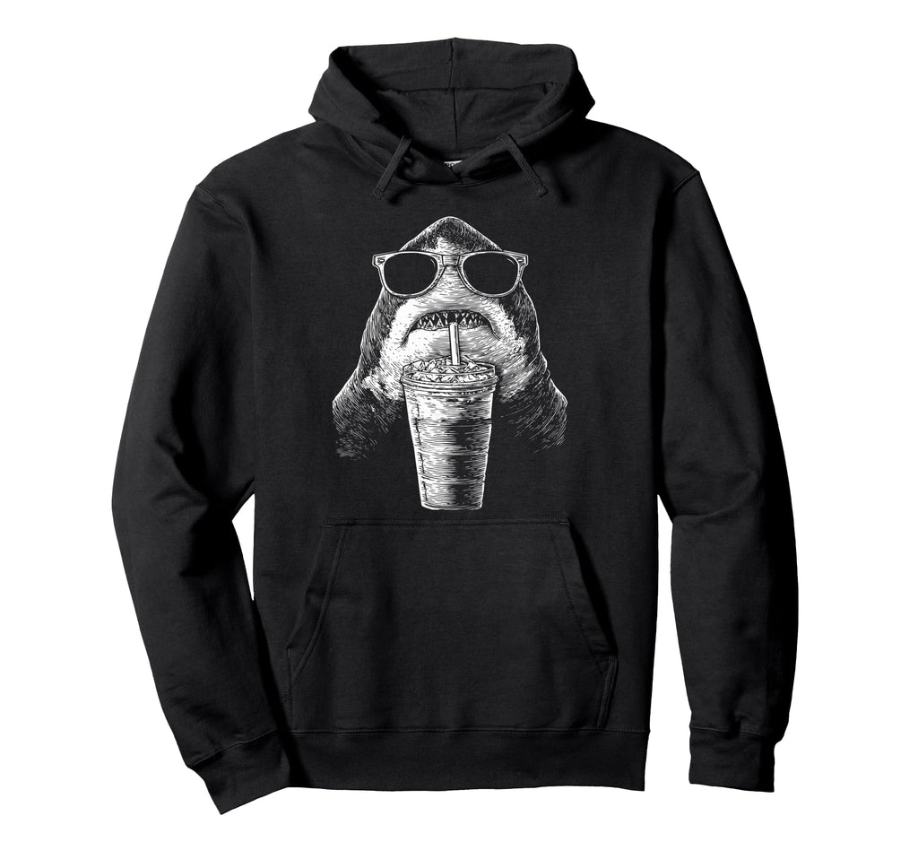 Shark Drinking Iced Coffee Funny Hoodie - Minimalist Print Men Women - T-Shirt, Sweatshirt, Hoodie