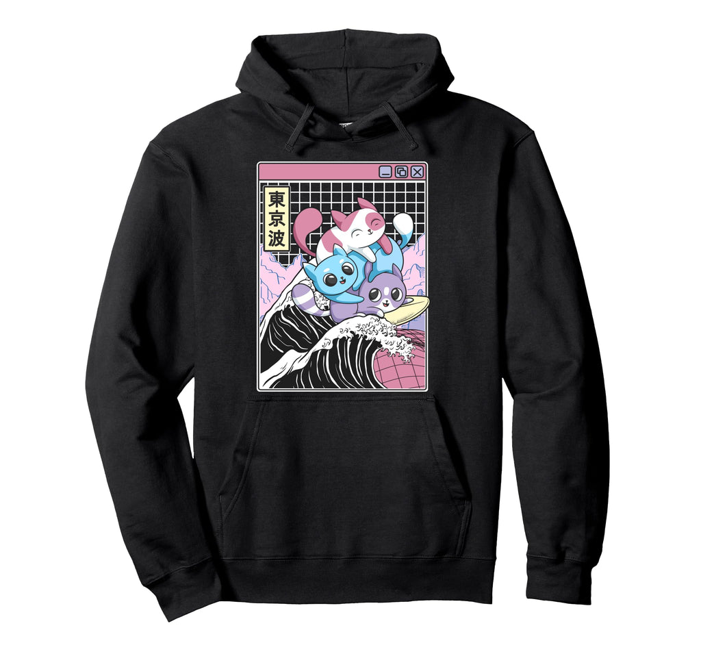 Playing Cats Surfing Kanagawa Wave Kawaii Hoodie - Unique Graphic Unisex - T-Shirt, Sweatshirt, Hoodie